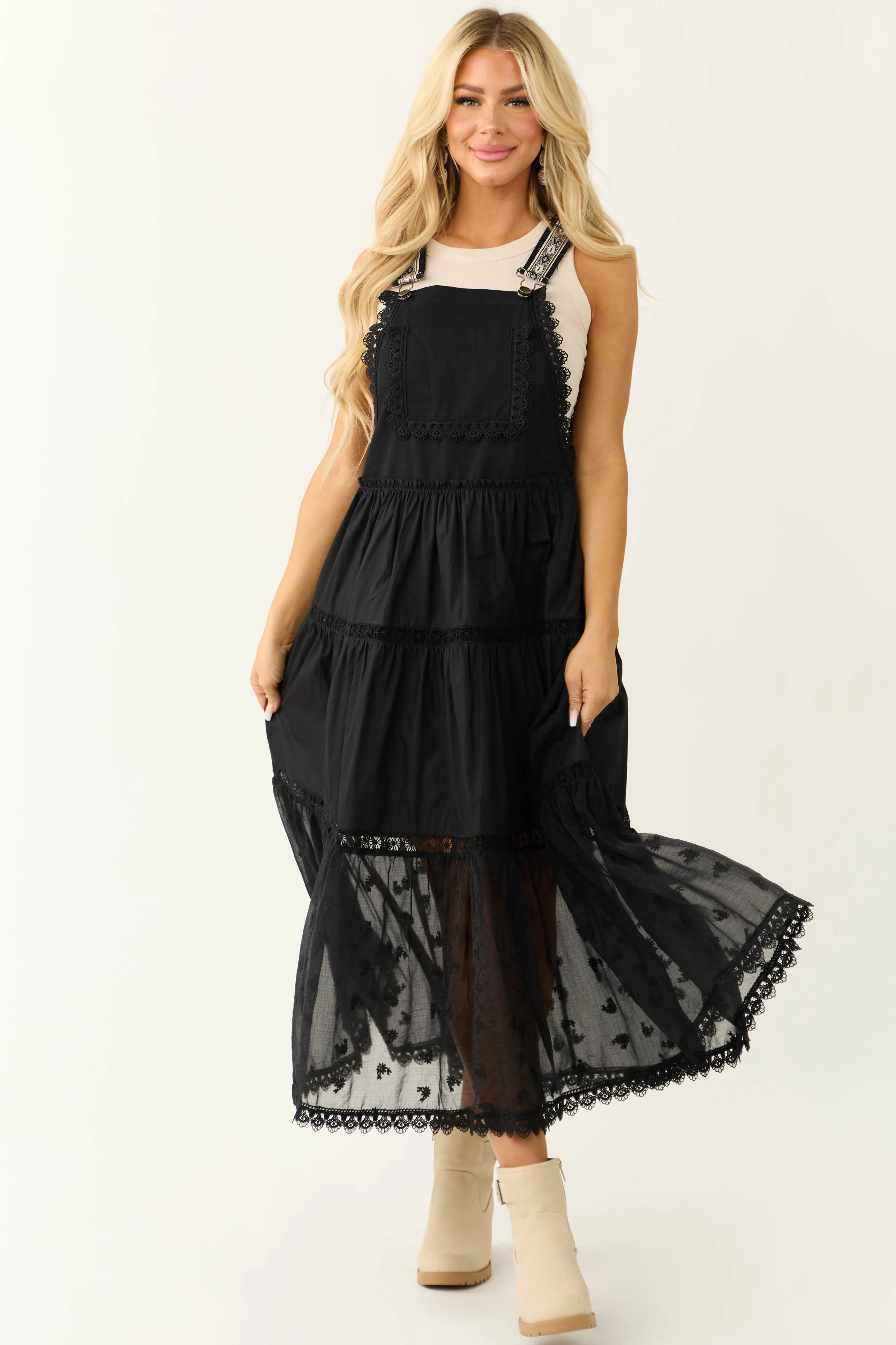 Black Lace Tiered Overalls Maxi Dress sold by Lime Lush product image thumbnail 4