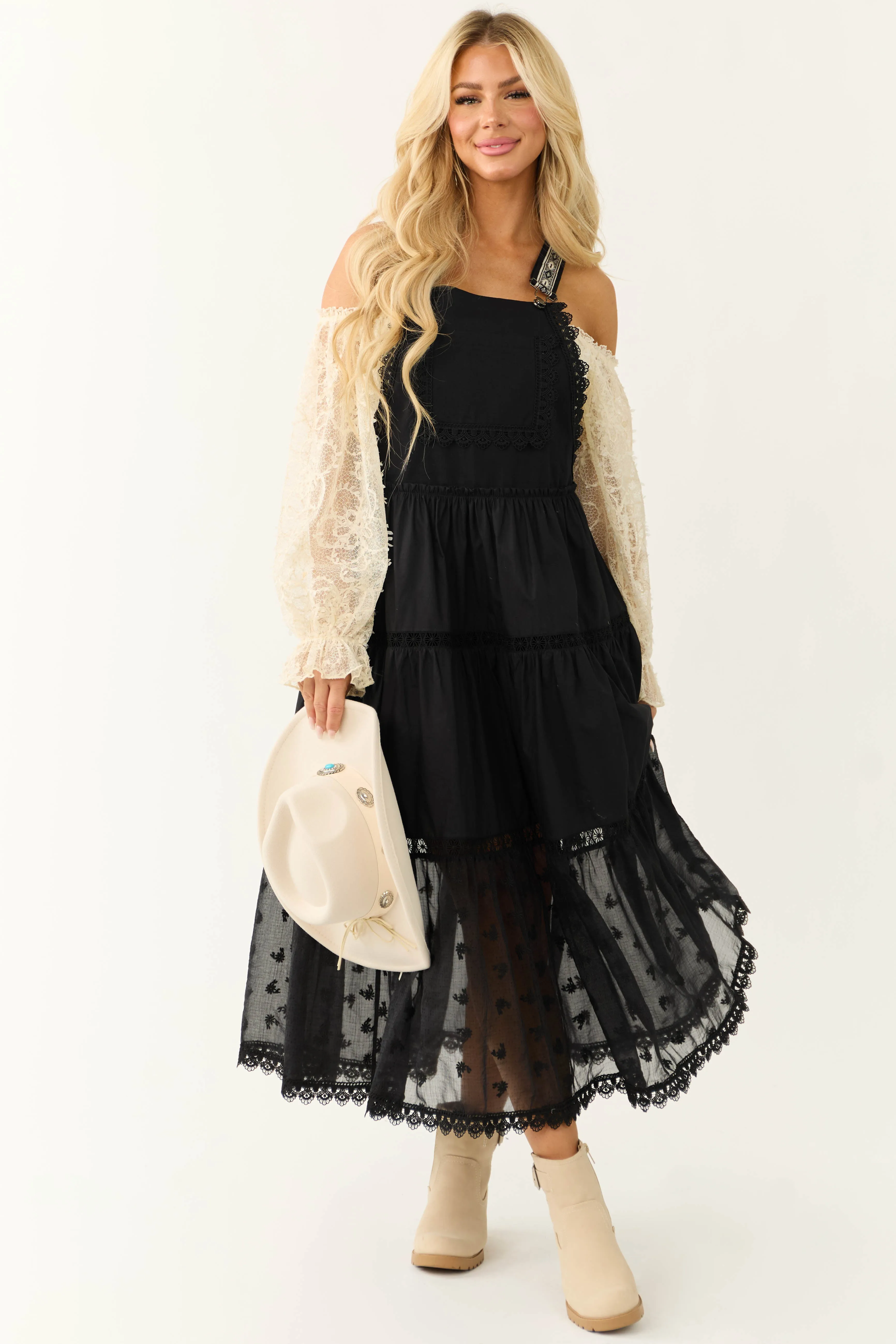 Black Lace Tiered Overalls Maxi Dress sold by Lime Lush