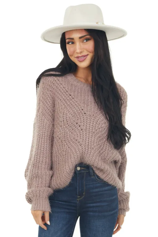 She+Sky Mauve Long Sleeve Fuzzy Cable Knit Sweater sold by Lime Lush