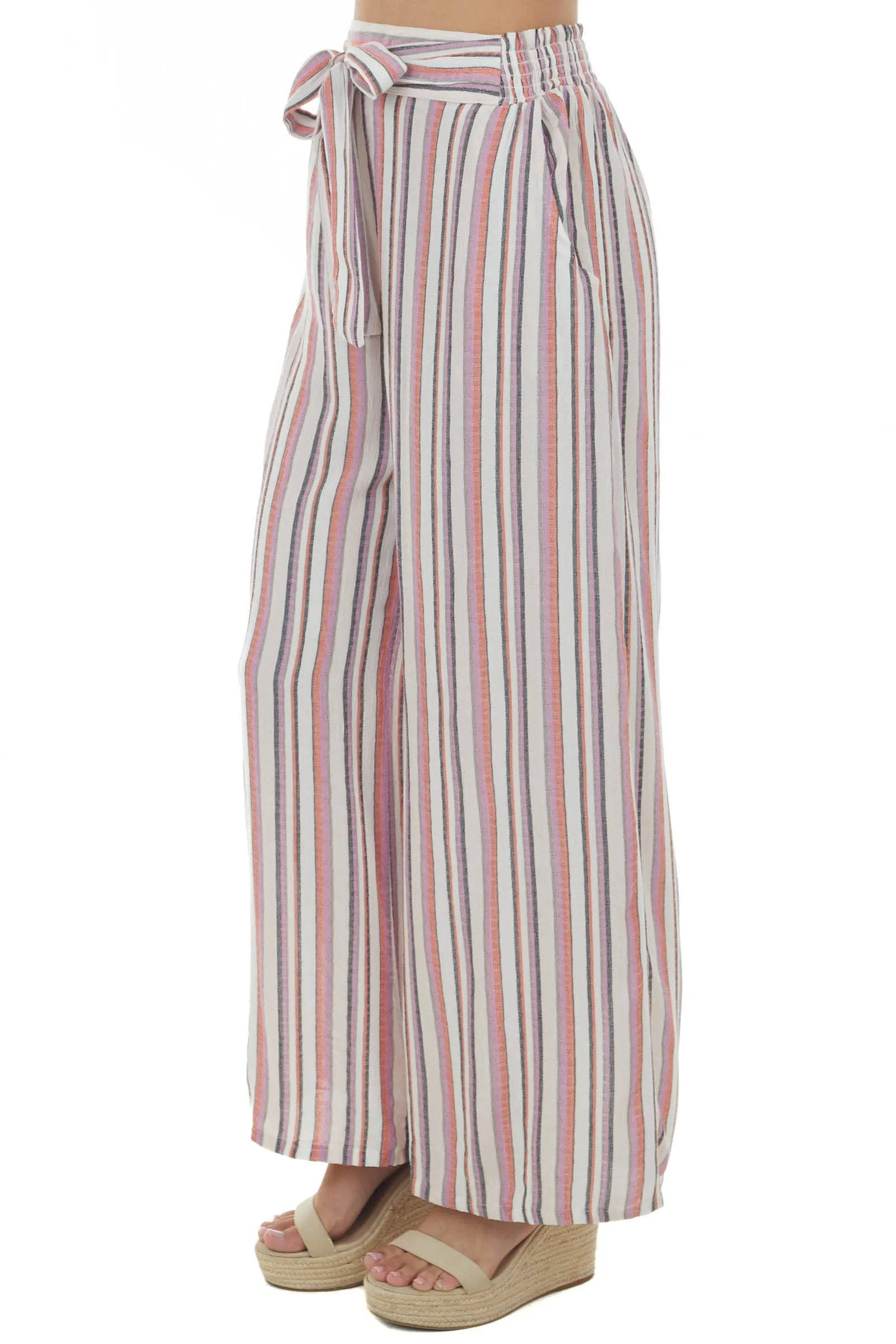 Coral Striped Pants with Smocked Waist Tie sold by Lime Lush product image thumbnail 3