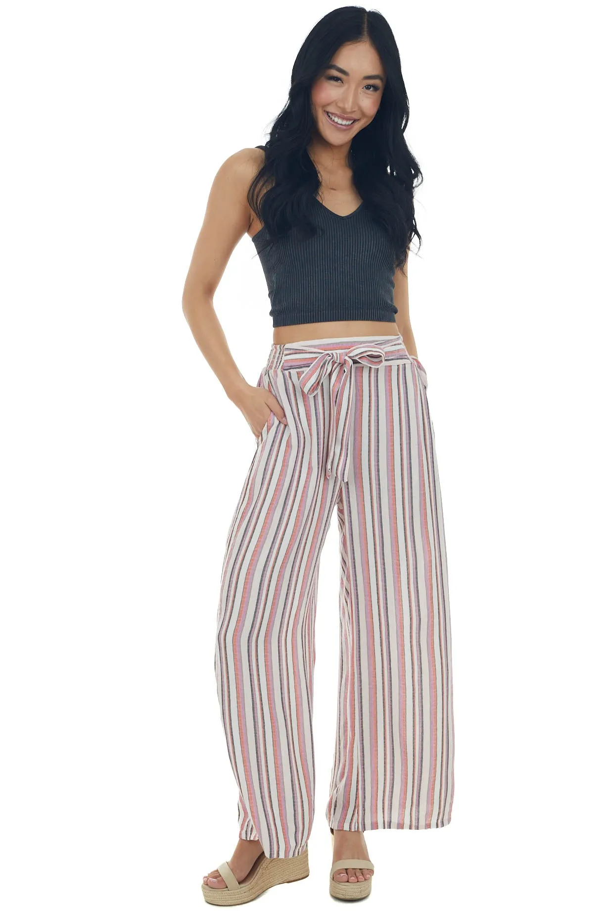 Coral Striped Pants with Smocked Waist Tie sold by Lime Lush