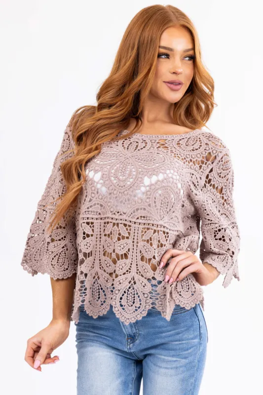 Latte Crochet Lace Scalloped Half Sleeve Top sold by Lime Lush