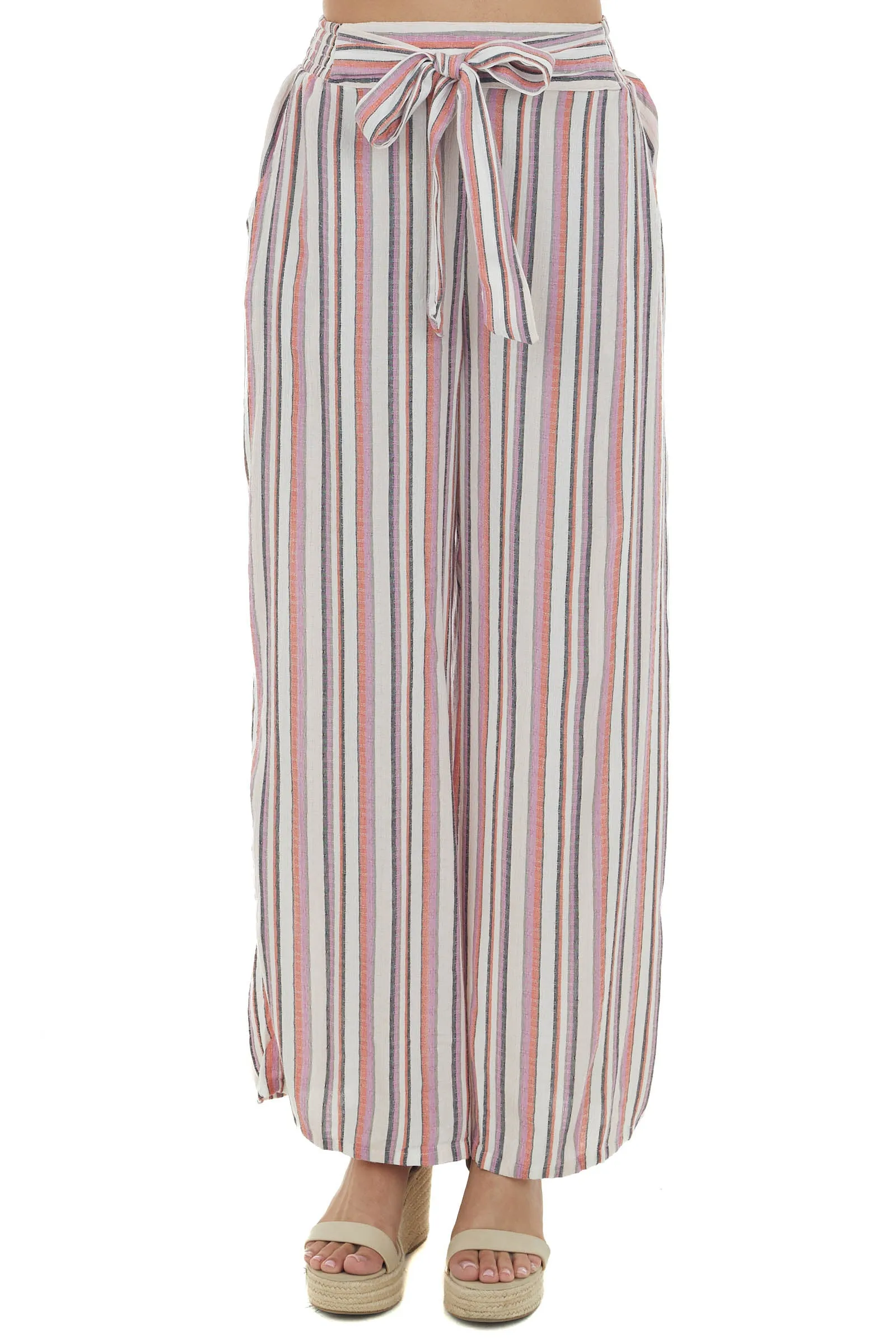 Coral Striped Pants with Smocked Waist Tie sold by Lime Lush product image thumbnail 2