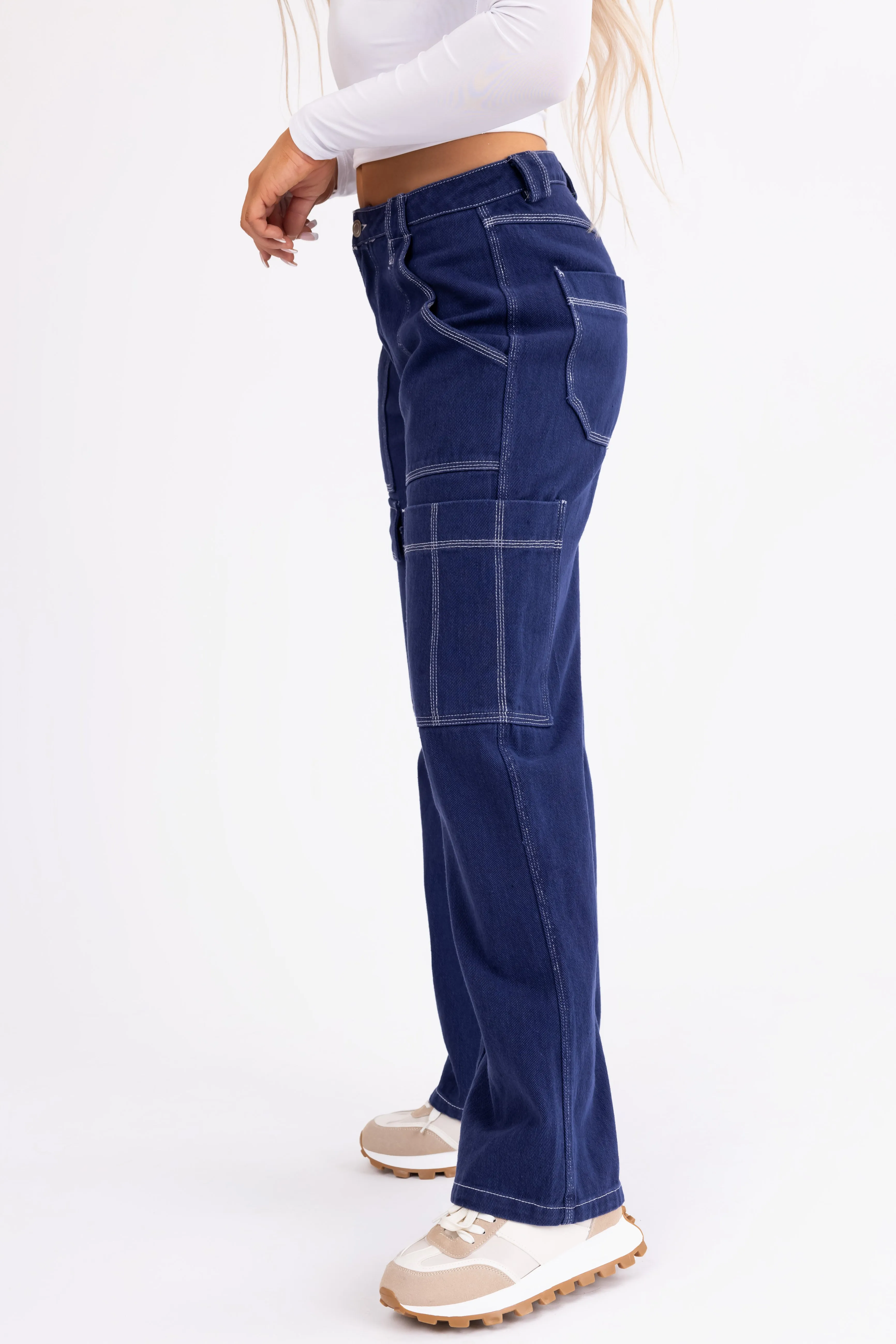 Navy Wide Leg Cargo Pants with White Stitching sold by Lime Lush product image thumbnail 3