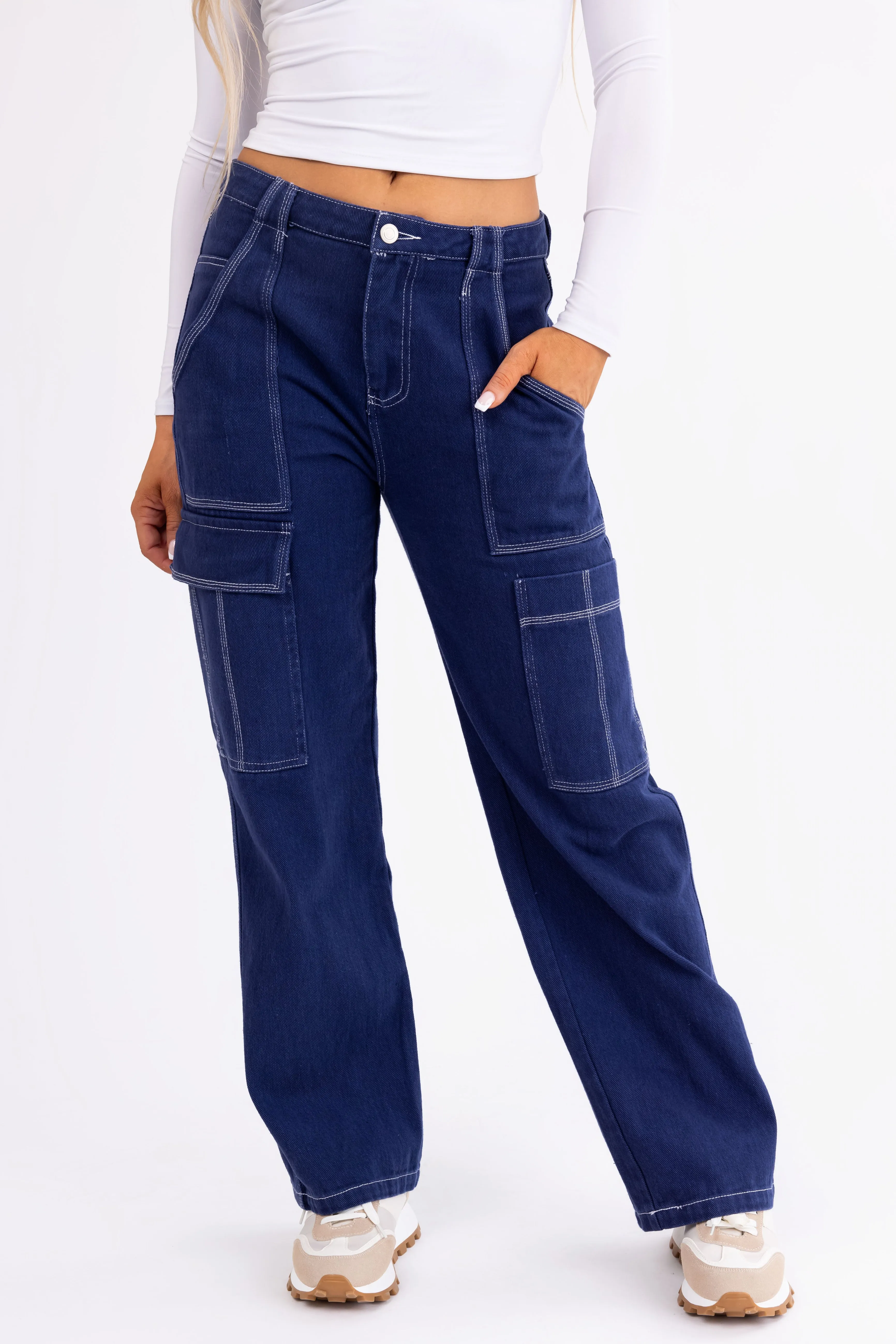 Navy Wide Leg Cargo Pants with White Stitching sold by Lime Lush product image thumbnail 2
