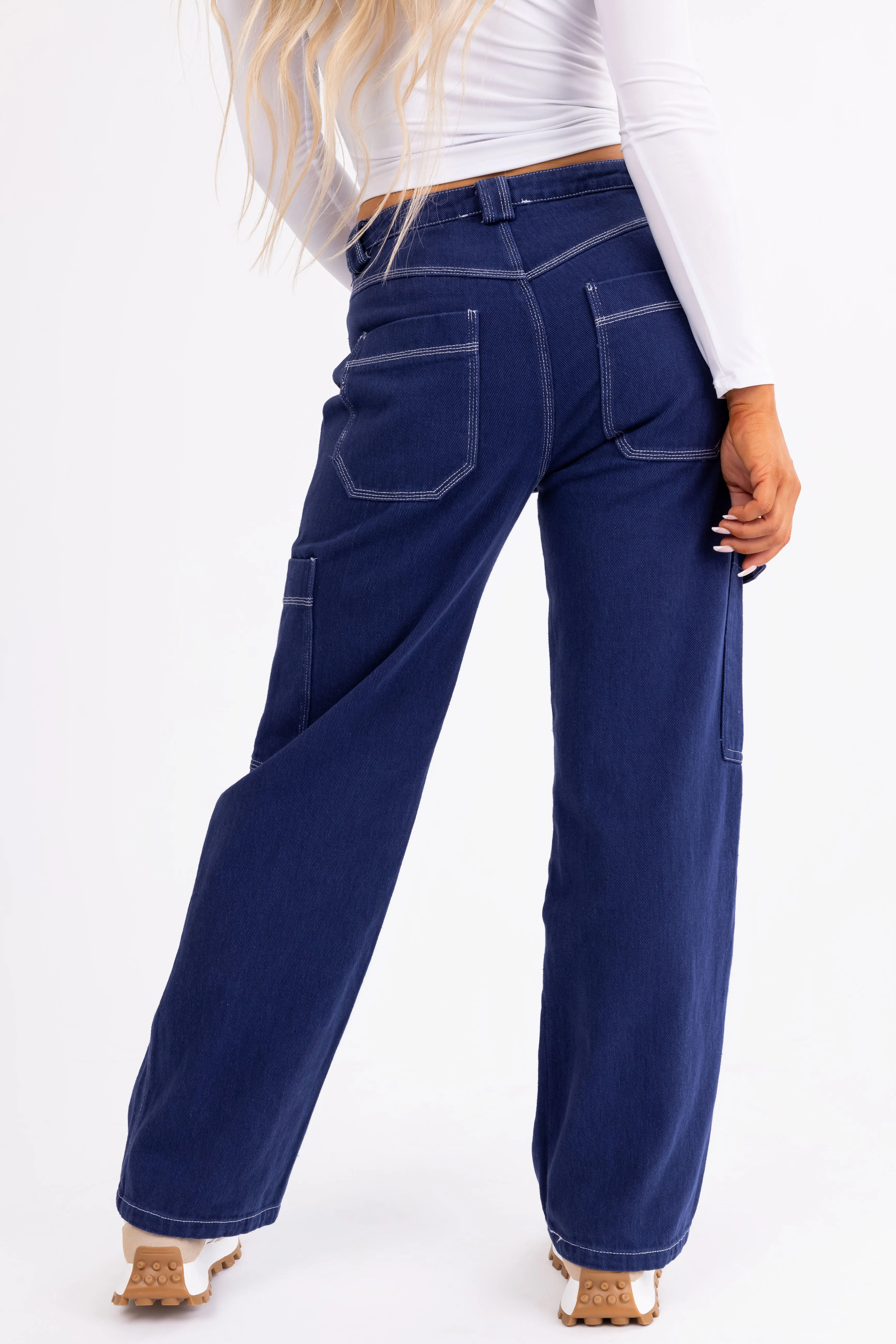 Navy Wide Leg Cargo Pants with White Stitching sold by Lime Lush product image thumbnail 4
