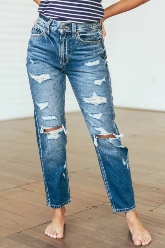 KanCan Dark Wash High Rise Mom Fit Heavy Torn Jeans sold by Lime Lush