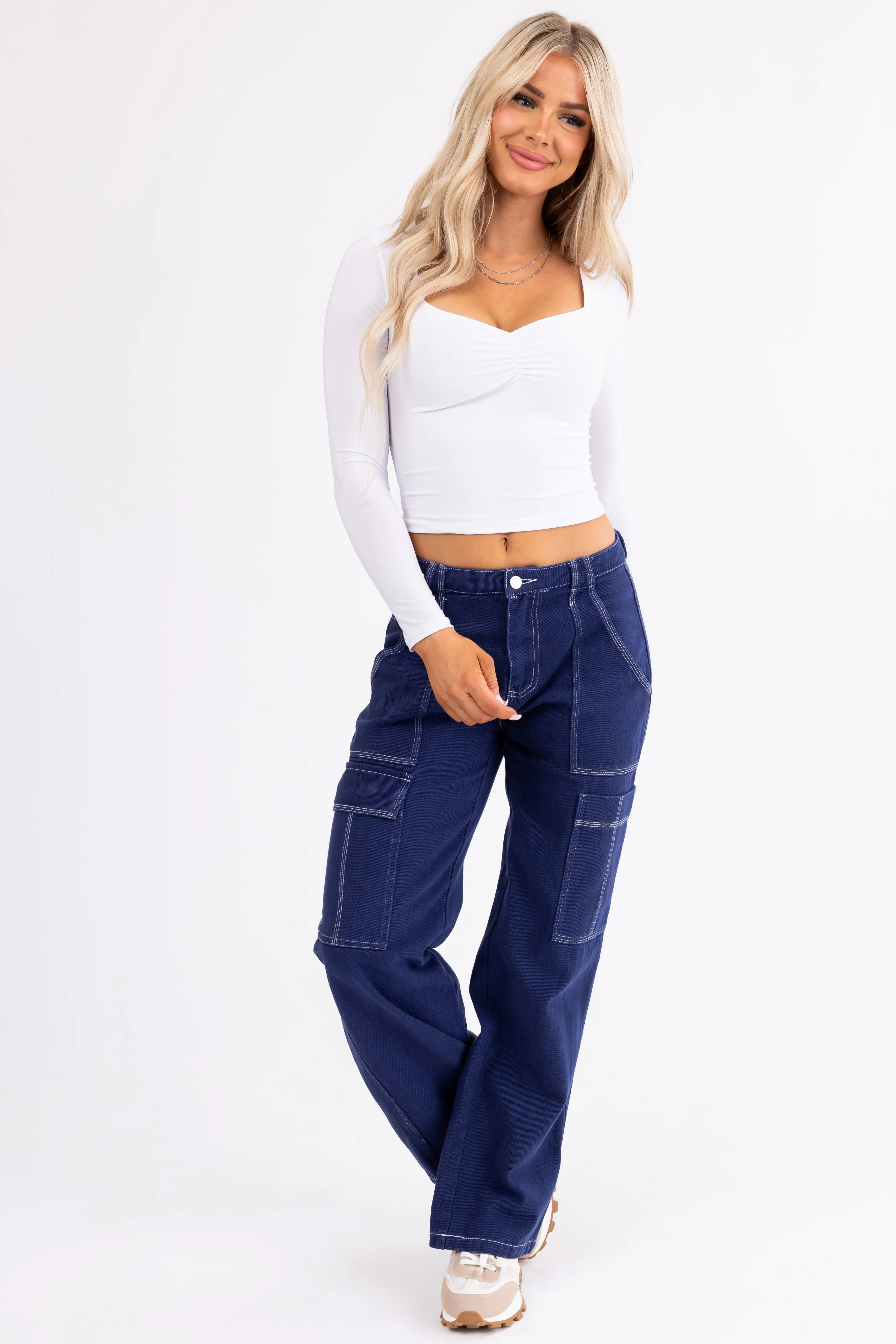 Navy Wide Leg Cargo Pants with White Stitching sold by Lime Lush product image thumbnail 5