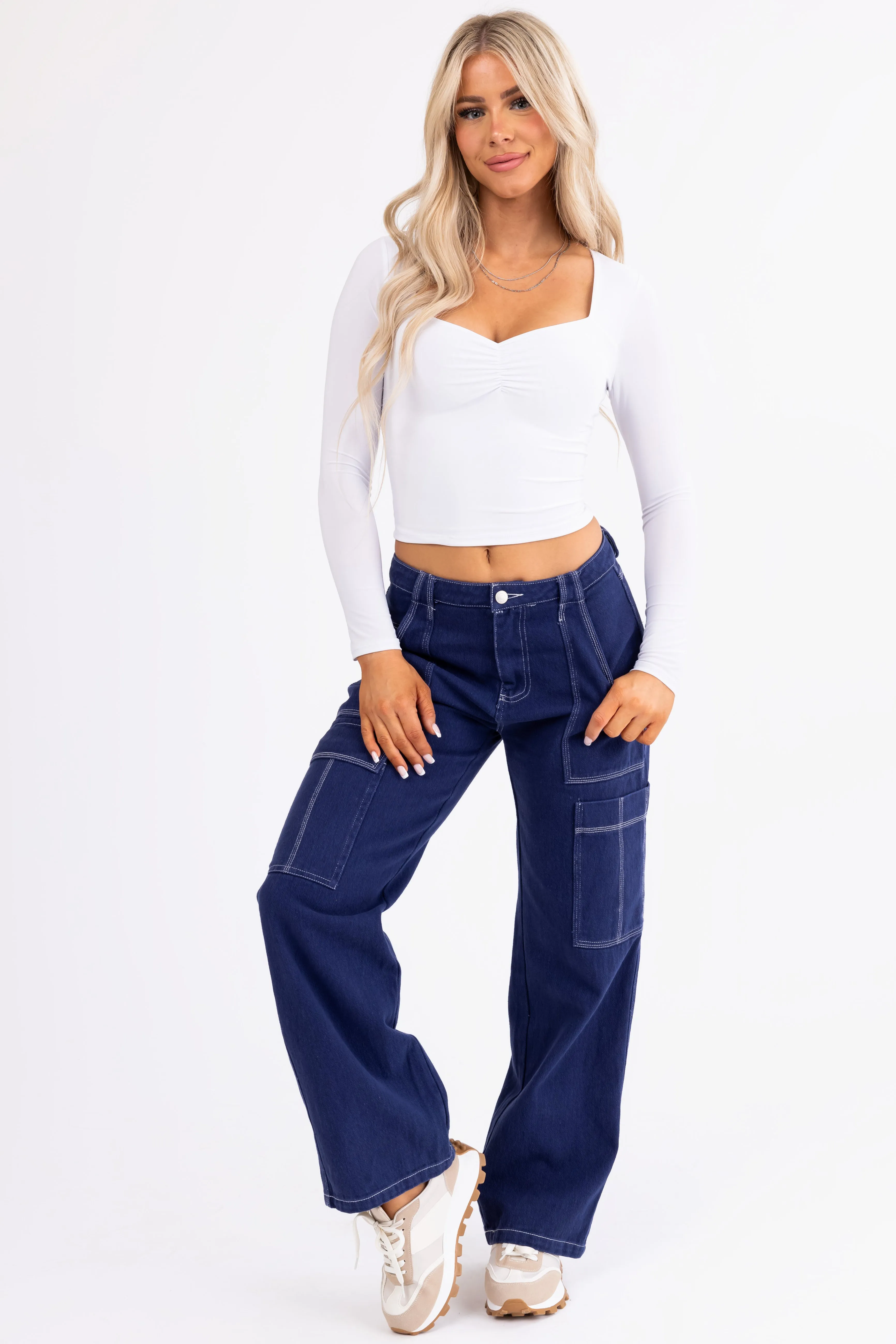 Navy Wide Leg Cargo Pants with White Stitching sold by Lime Lush