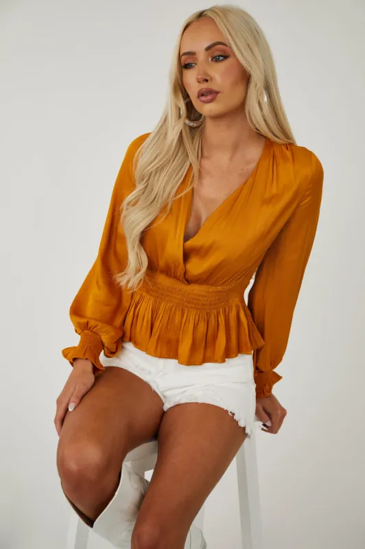 Honey Plunging Surplice Satin Peplum Blouse sold by Lime Lush