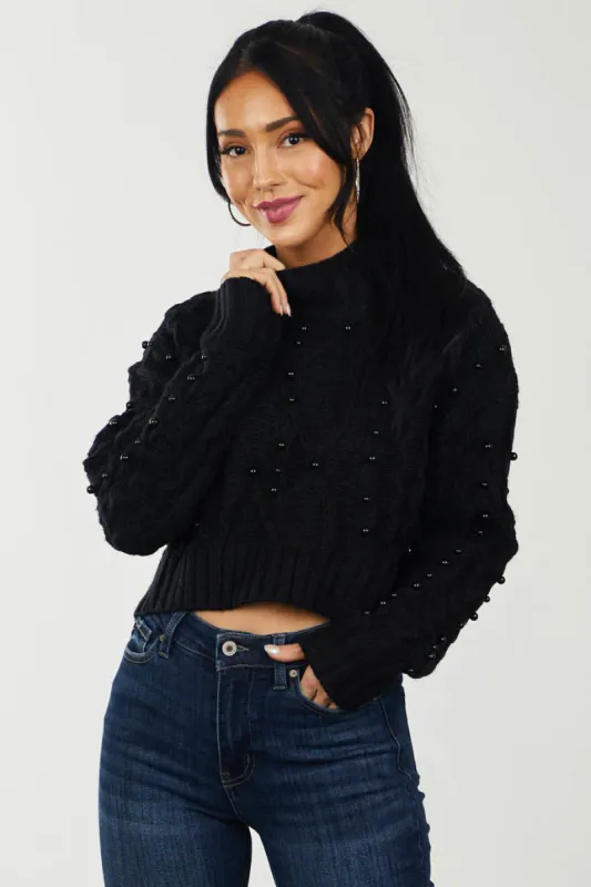 Black Beaded Cropped Cable Knit Sweater sold by Lime Lush