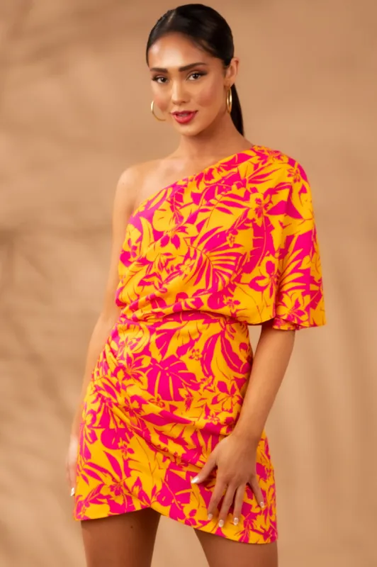 Tangerine Floral Print One Shoulder Mini Dress sold by Lime Lush