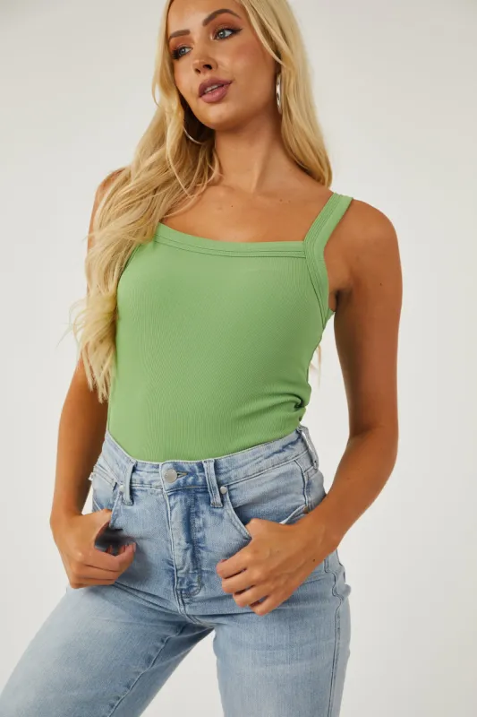 Hazy Kiwi Square Neck Tiered Trim Knit Tank Top sold by Lime Lush