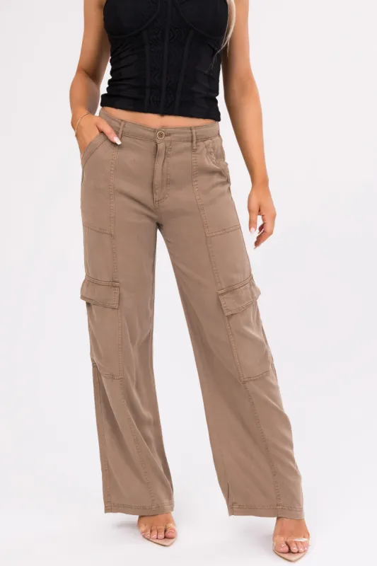 Risen Peanut Wide Leg Tencel Cargo Pants sold by Lime Lush