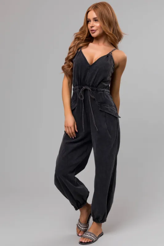 Washed Black Drawstring Sleeveless Jumpsuit sold by Lime Lush