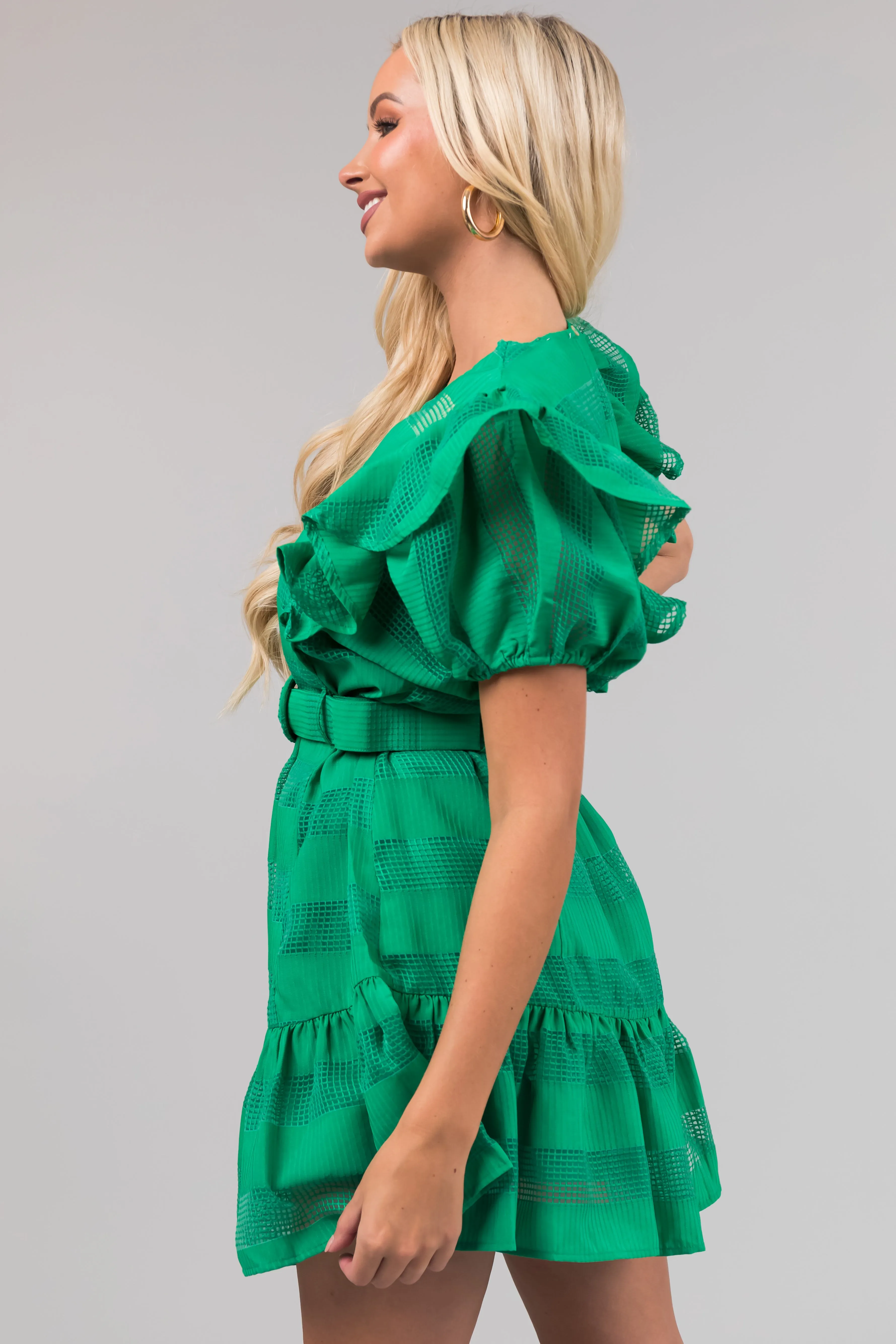 Kelly Green Ruffle Belted Waist Striped Mini Dress sold by Lime Lush product image thumbnail 4