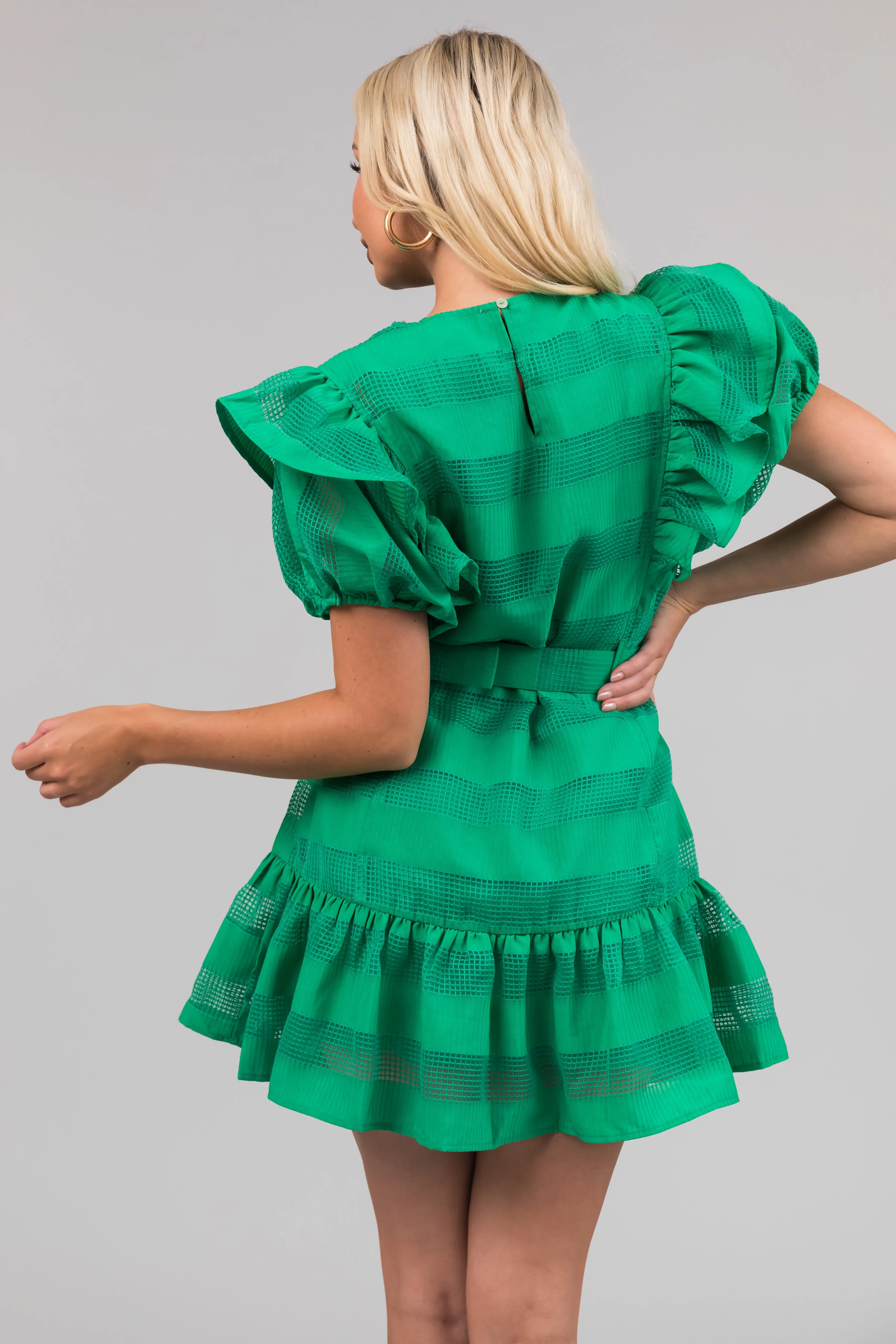 Kelly Green Ruffle Belted Waist Striped Mini Dress sold by Lime Lush product image thumbnail 5