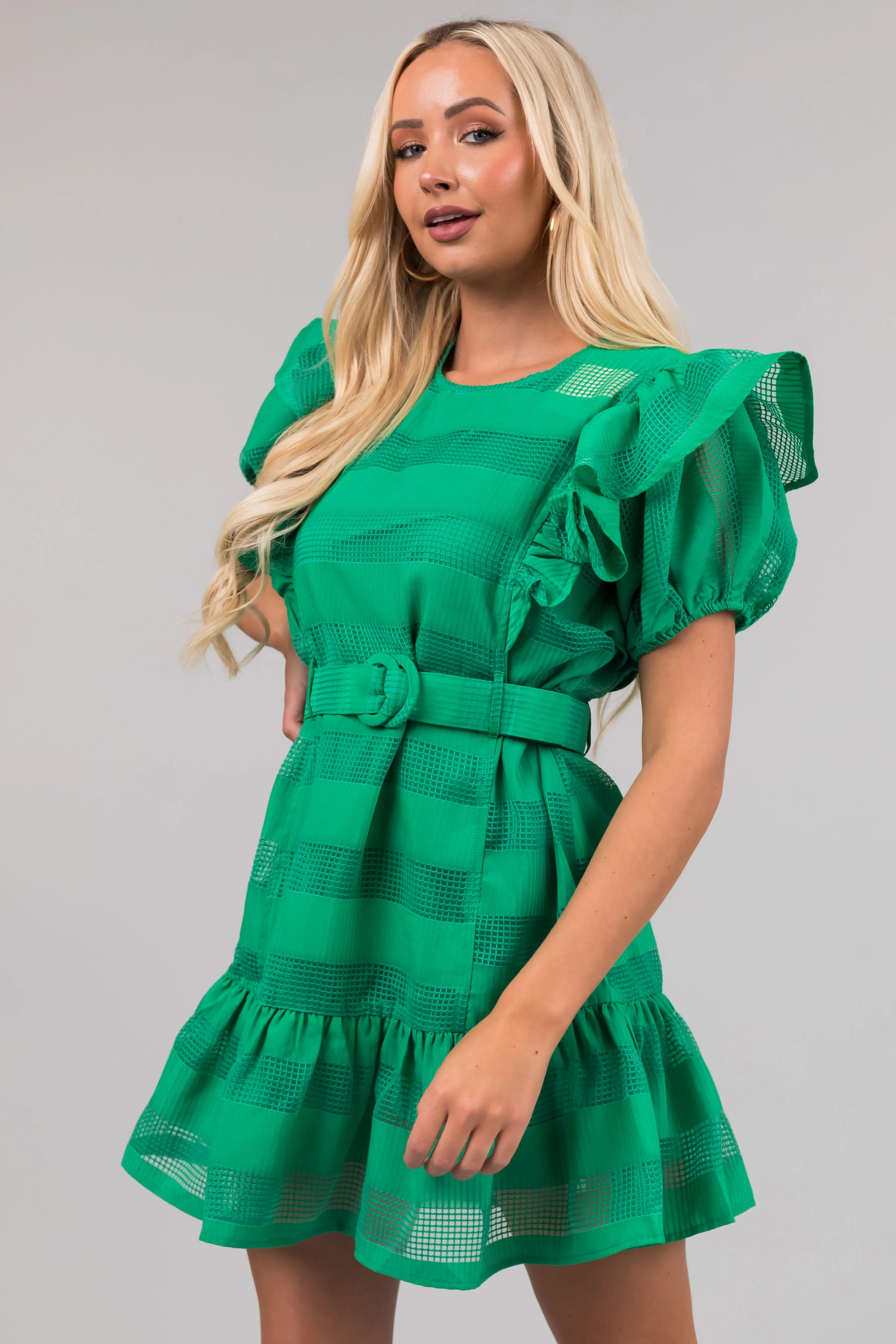 Kelly Green Ruffle Belted Waist Striped Mini Dress sold by Lime Lush