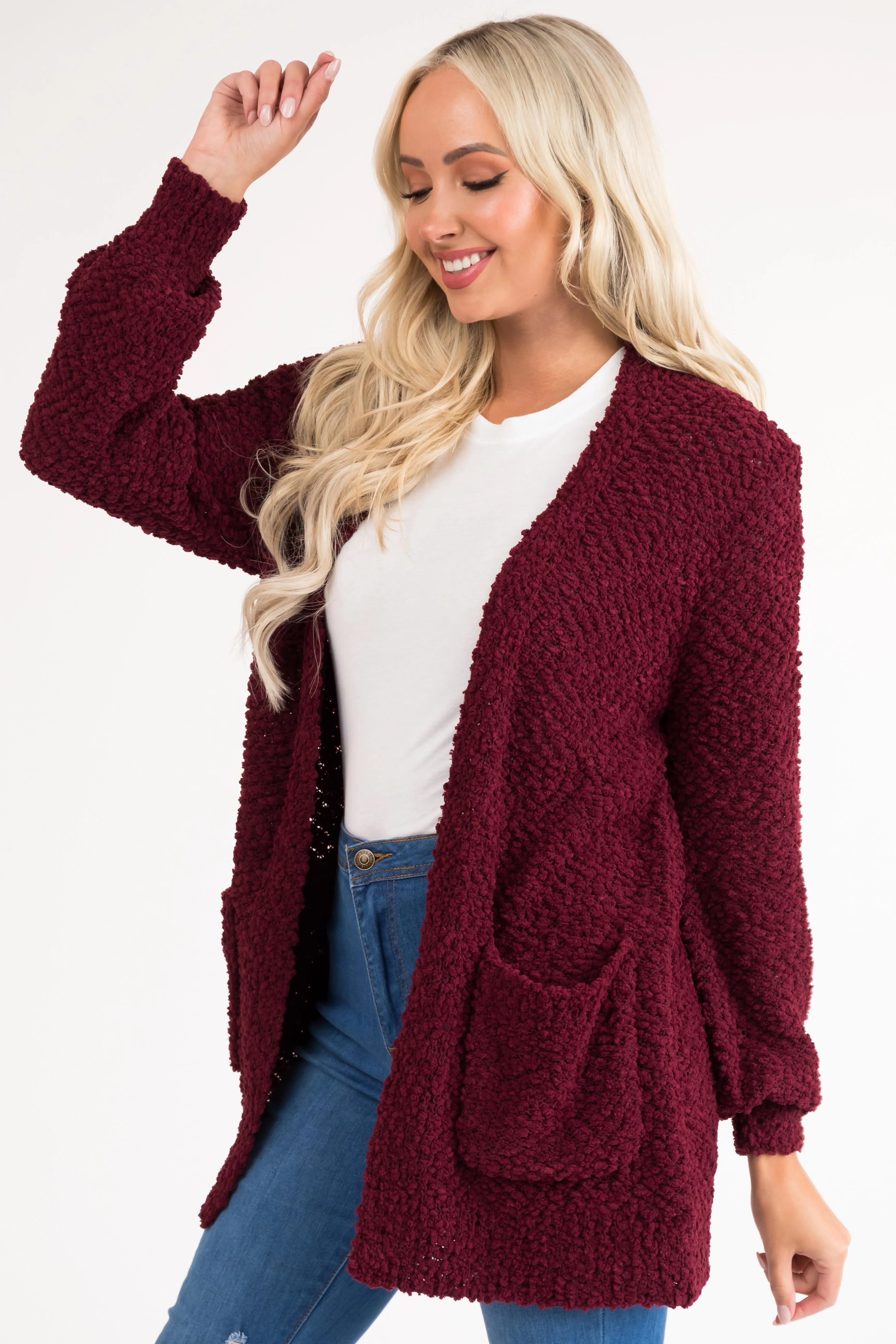 Wine Popcorn Knit Open Front Cardigan sold by Lime Lush