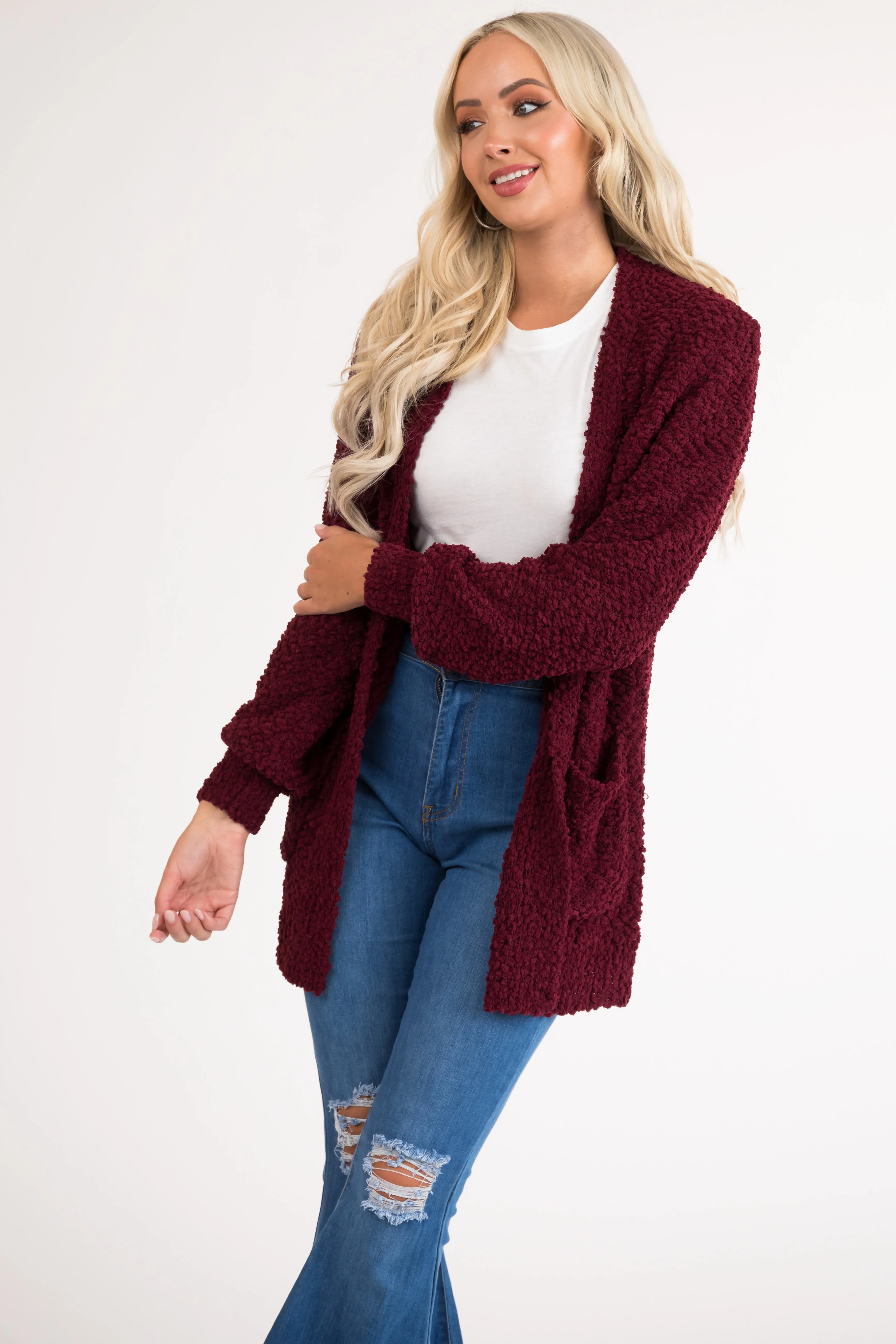 Wine Popcorn Knit Open Front Cardigan sold by Lime Lush product image thumbnail 2