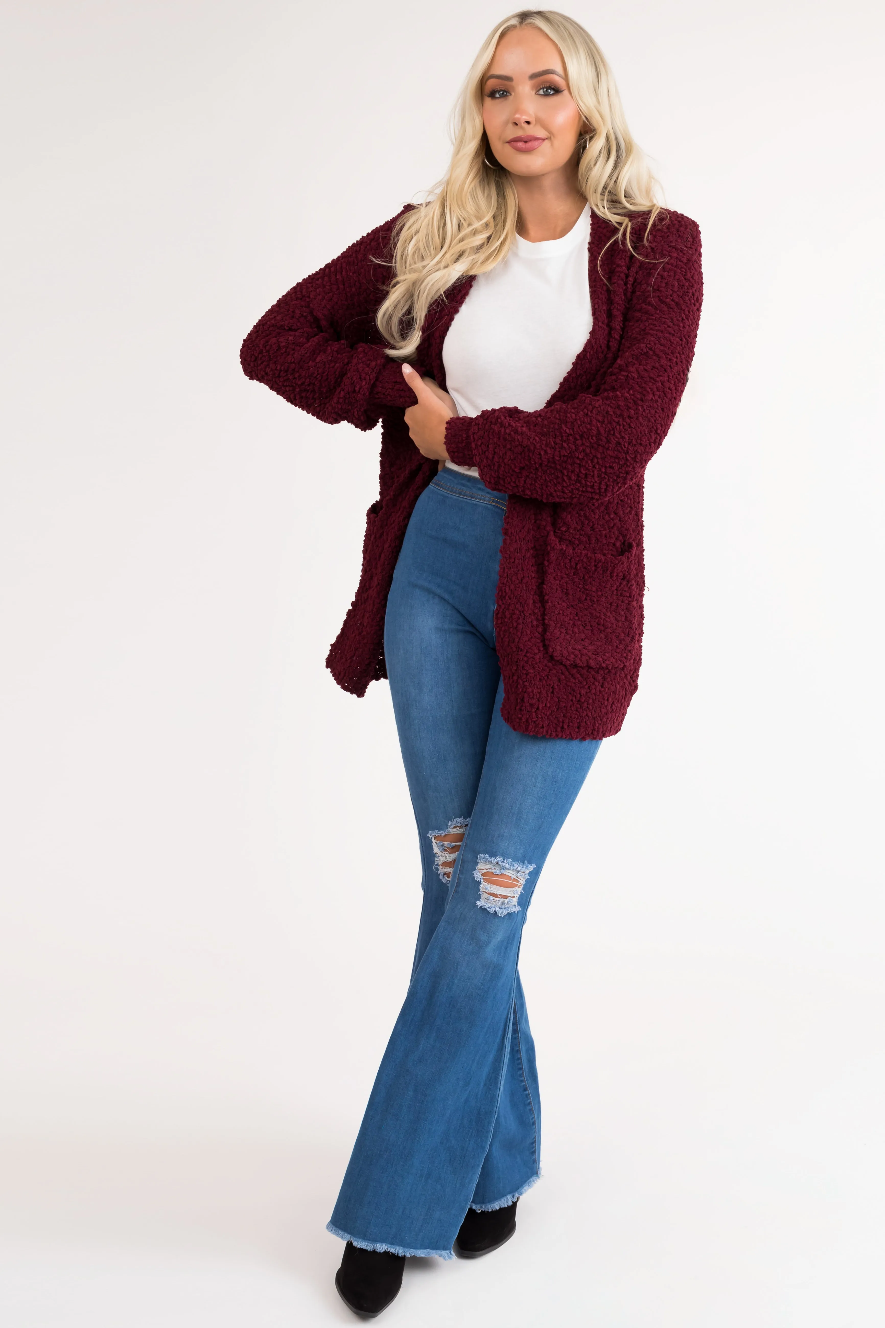 Wine Popcorn Knit Open Front Cardigan sold by Lime Lush product image thumbnail 3
