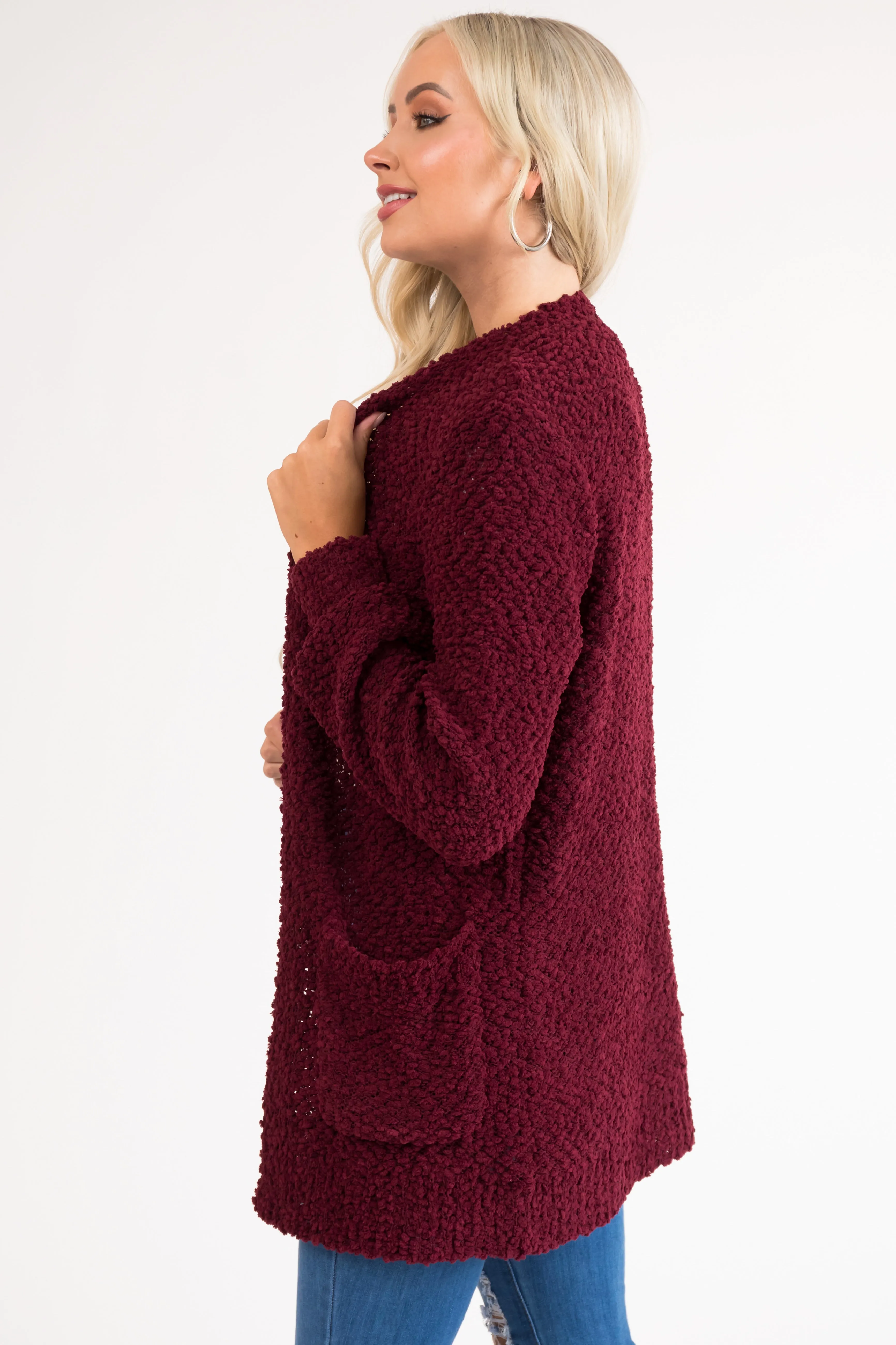 Wine Popcorn Knit Open Front Cardigan sold by Lime Lush product image thumbnail 4