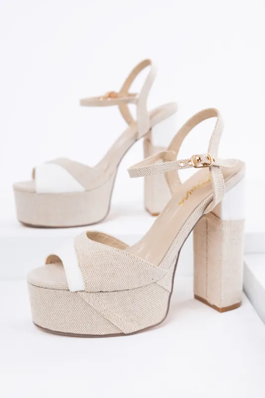 Natural Linen Patchwork Platform High Heels sold by Lime Lush