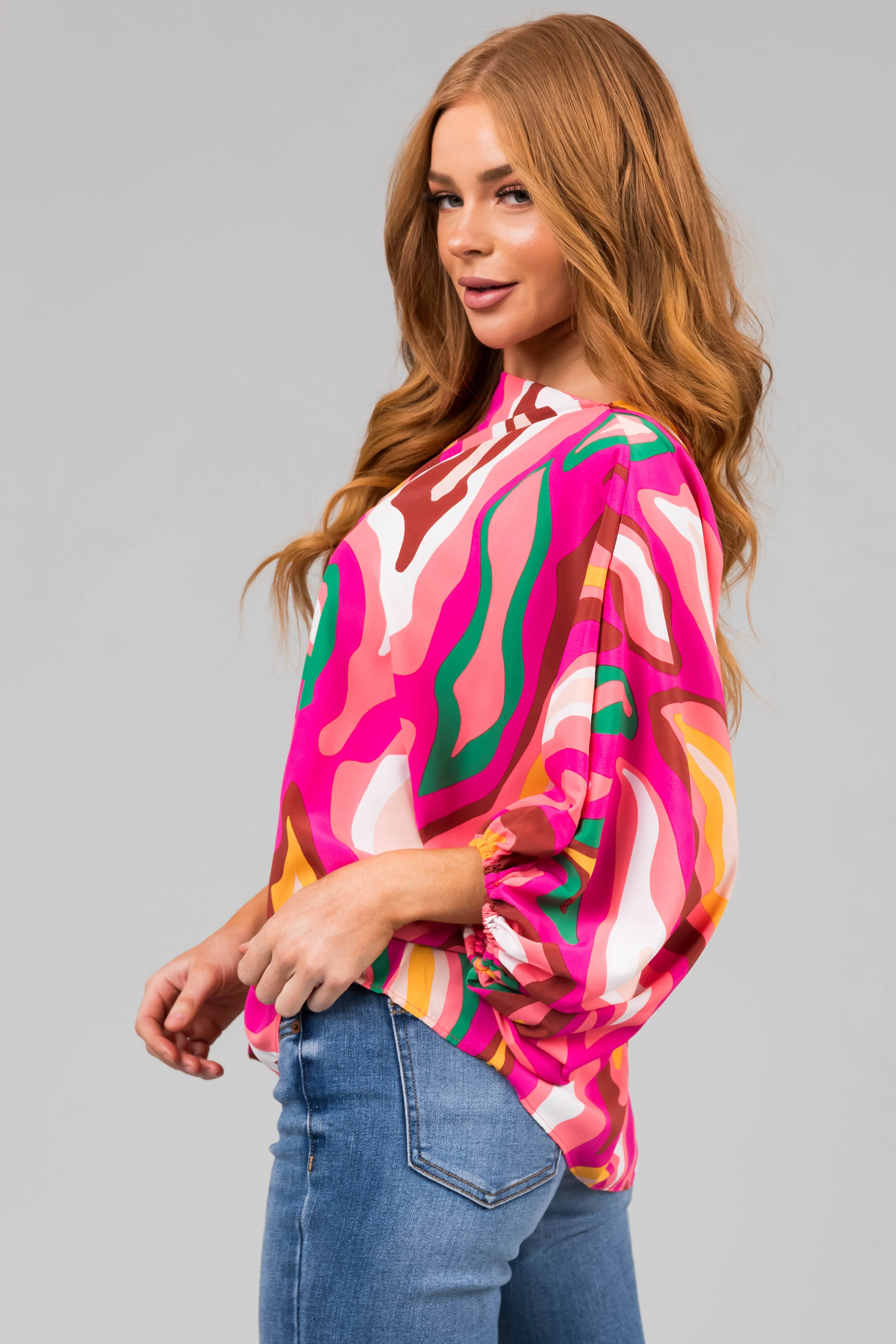 Fuchsia Multicolor Abstract Dolman Sleeve Blouse sold by Lime Lush product image thumbnail 4