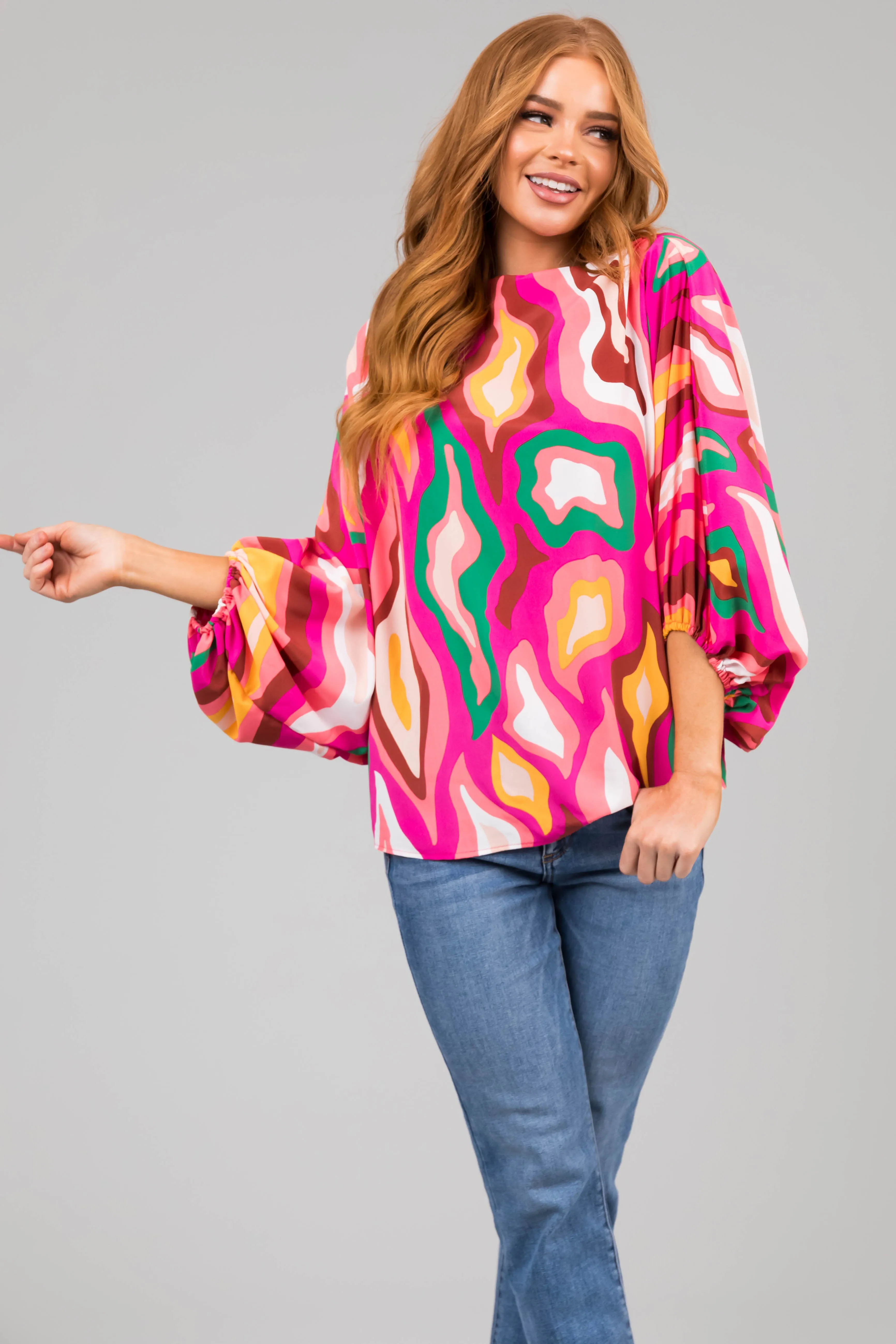 Fuchsia Multicolor Abstract Dolman Sleeve Blouse sold by Lime Lush product image thumbnail 2