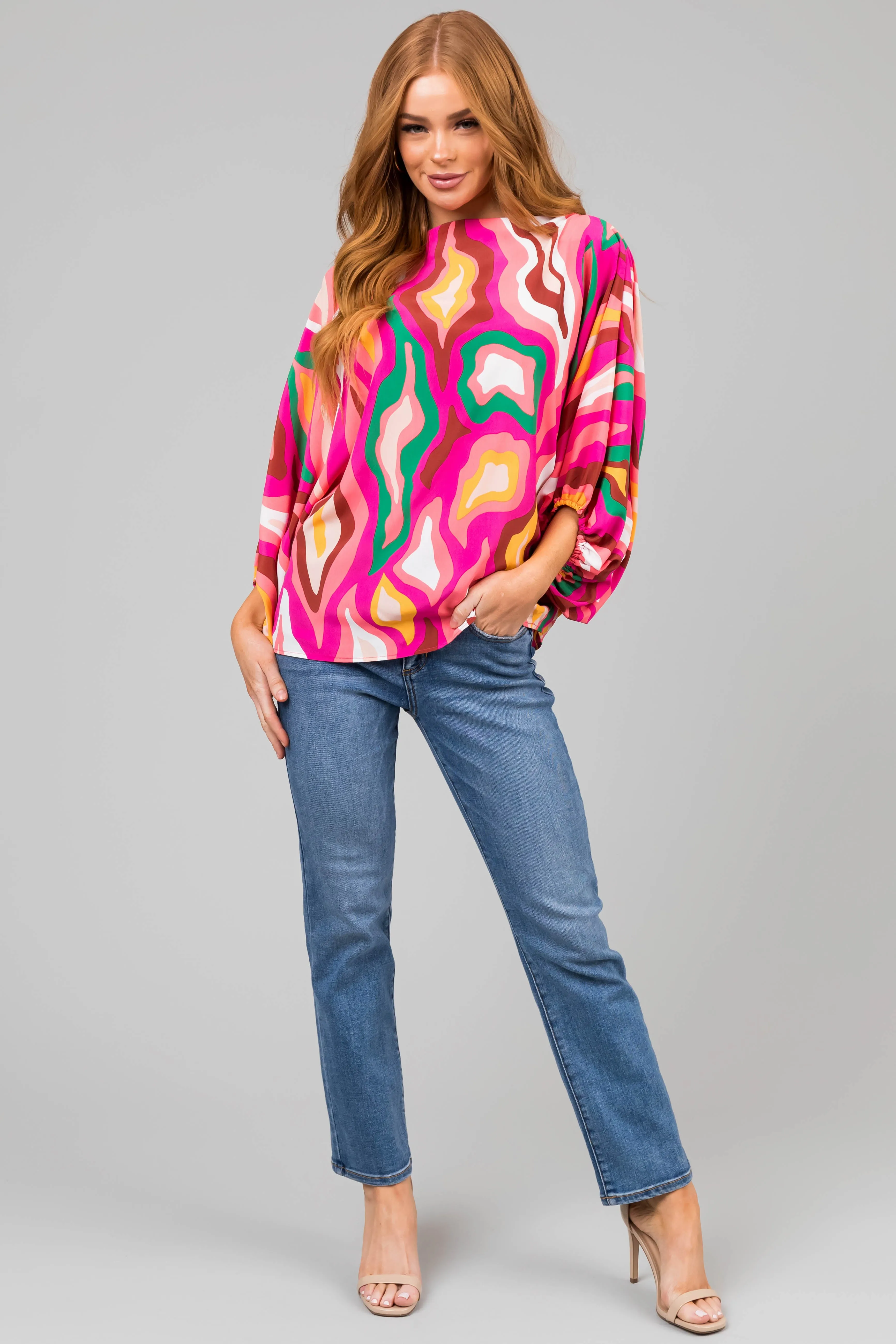 Fuchsia Multicolor Abstract Dolman Sleeve Blouse sold by Lime Lush product image thumbnail 3