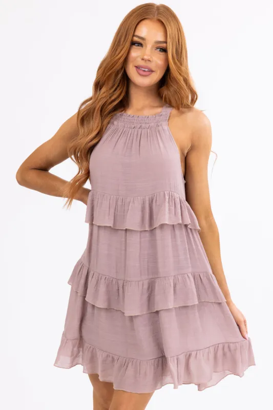 Rose Taupe Sleeveless Ruffle Tiered Mini Dress sold by Lime Lush