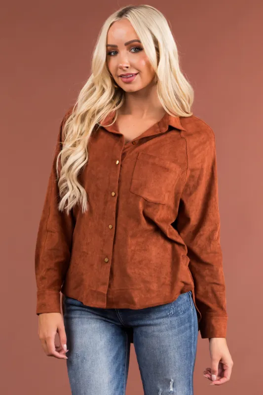 Sienna Faux Suede Button Up Long Sleeve Shirt sold by Lime Lush