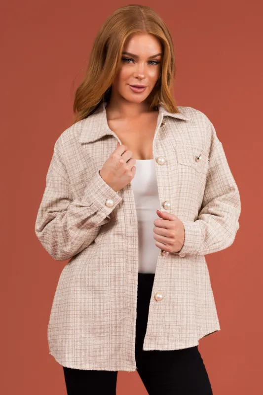 Cream Long Sleeve Tweed Pearl Buttoned Shacket sold by Lime Lush