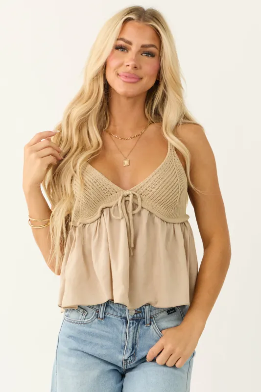 Camel V Neck Front Tie Crochet Tank Top sold by Lime Lush