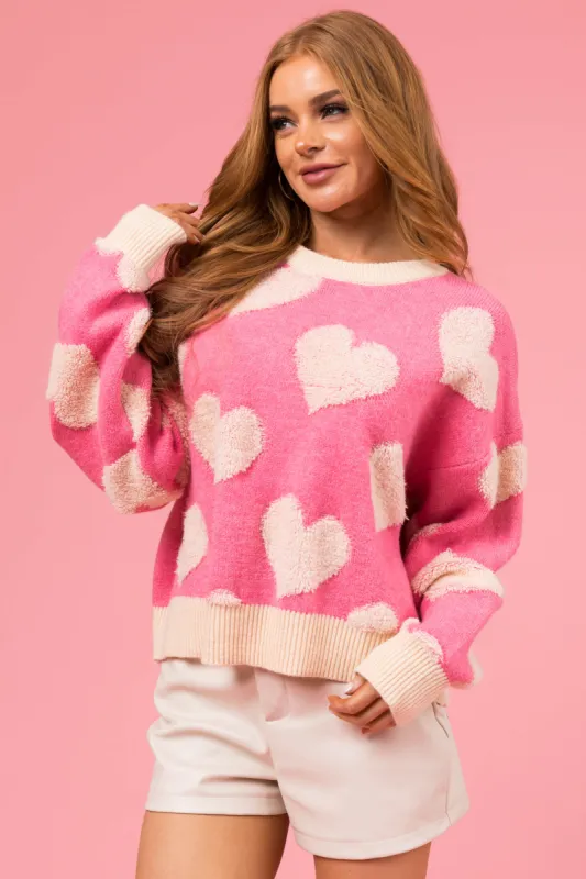 Bubblegum and Cream Heart Thick Fuzzy Sweater sold by Lime Lush