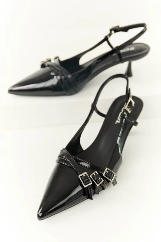 Shiny Black Pointed Toe Sling Back Heels sold by Lime Lush