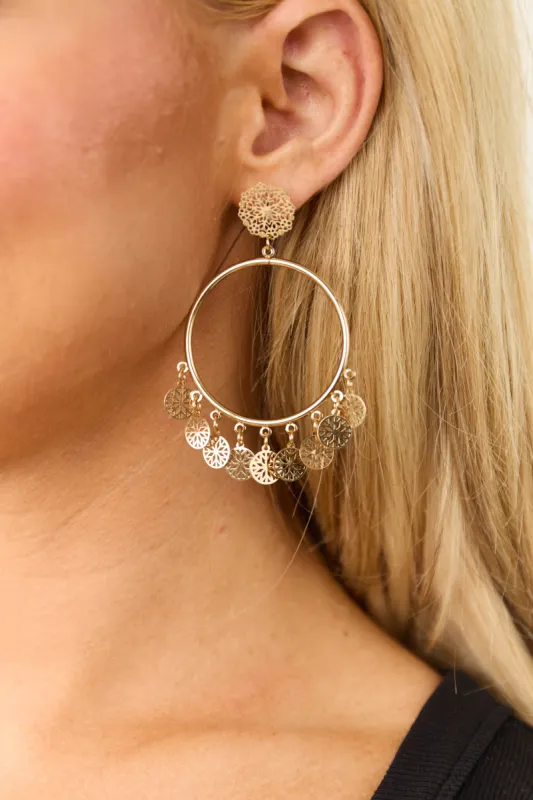 Gold Metallic Laser Cut Circle Drop Earrings sold by Lime Lush