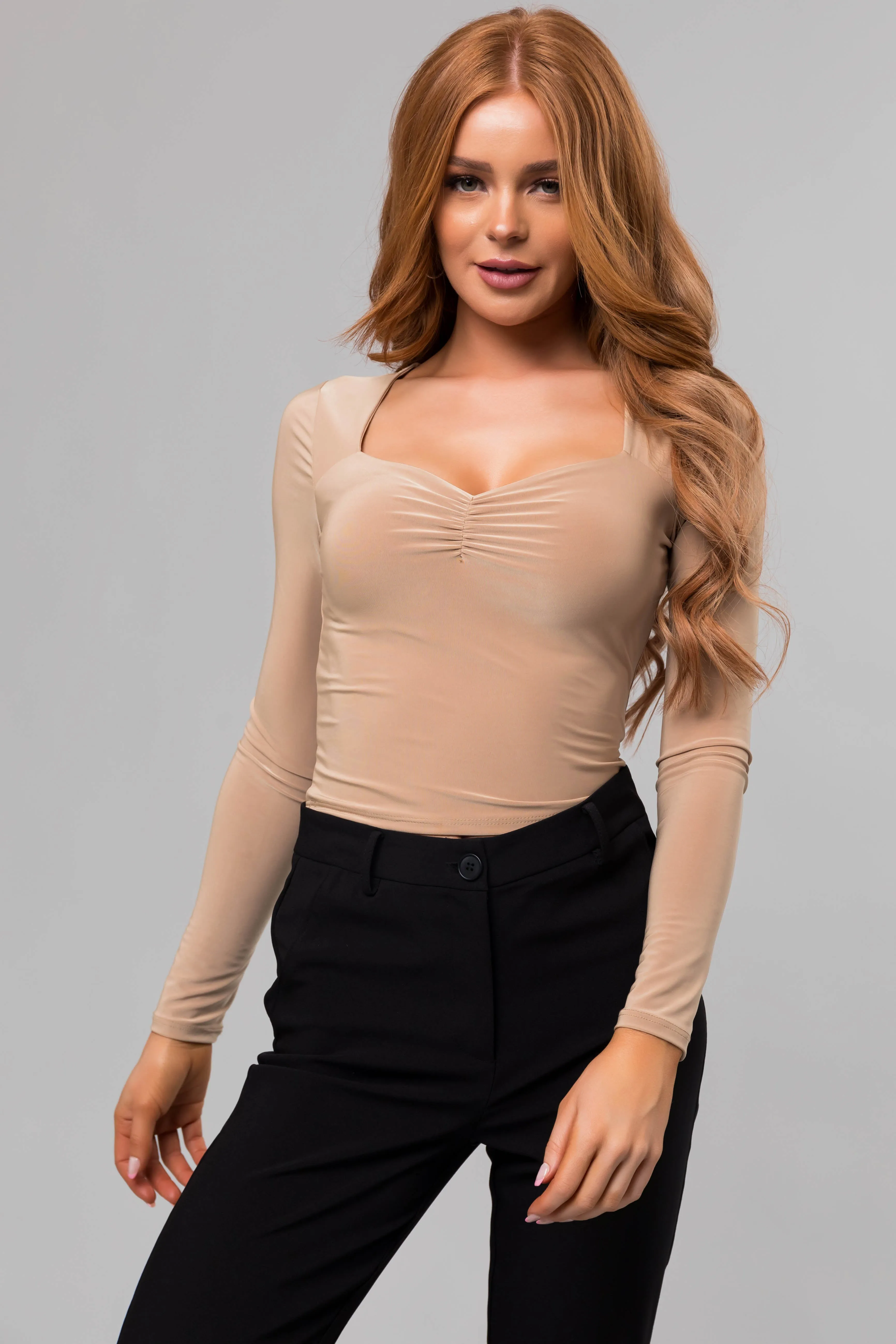 Khaki Sweetheart Neck Long Sleeve Crop Top sold by Lime Lush product image thumbnail 4