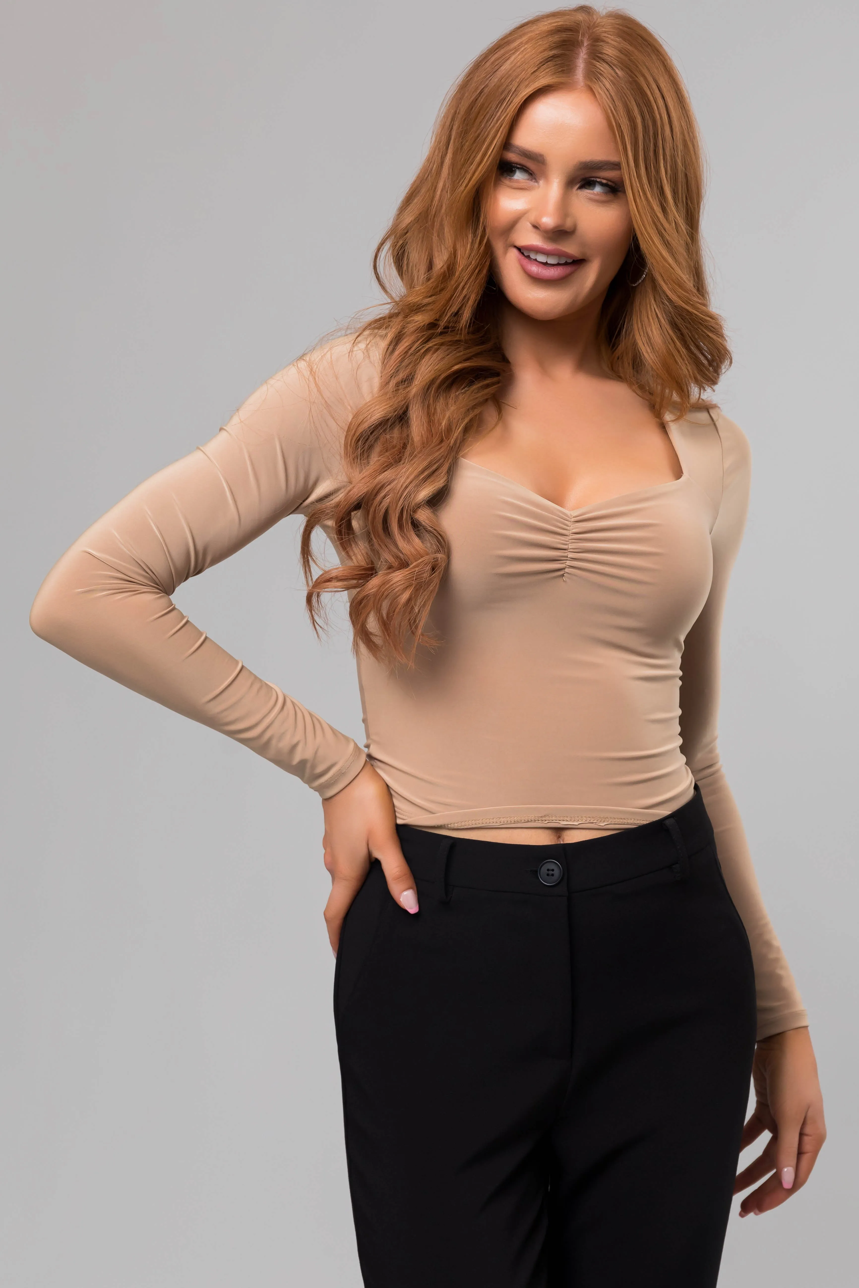 Khaki Sweetheart Neck Long Sleeve Crop Top sold by Lime Lush