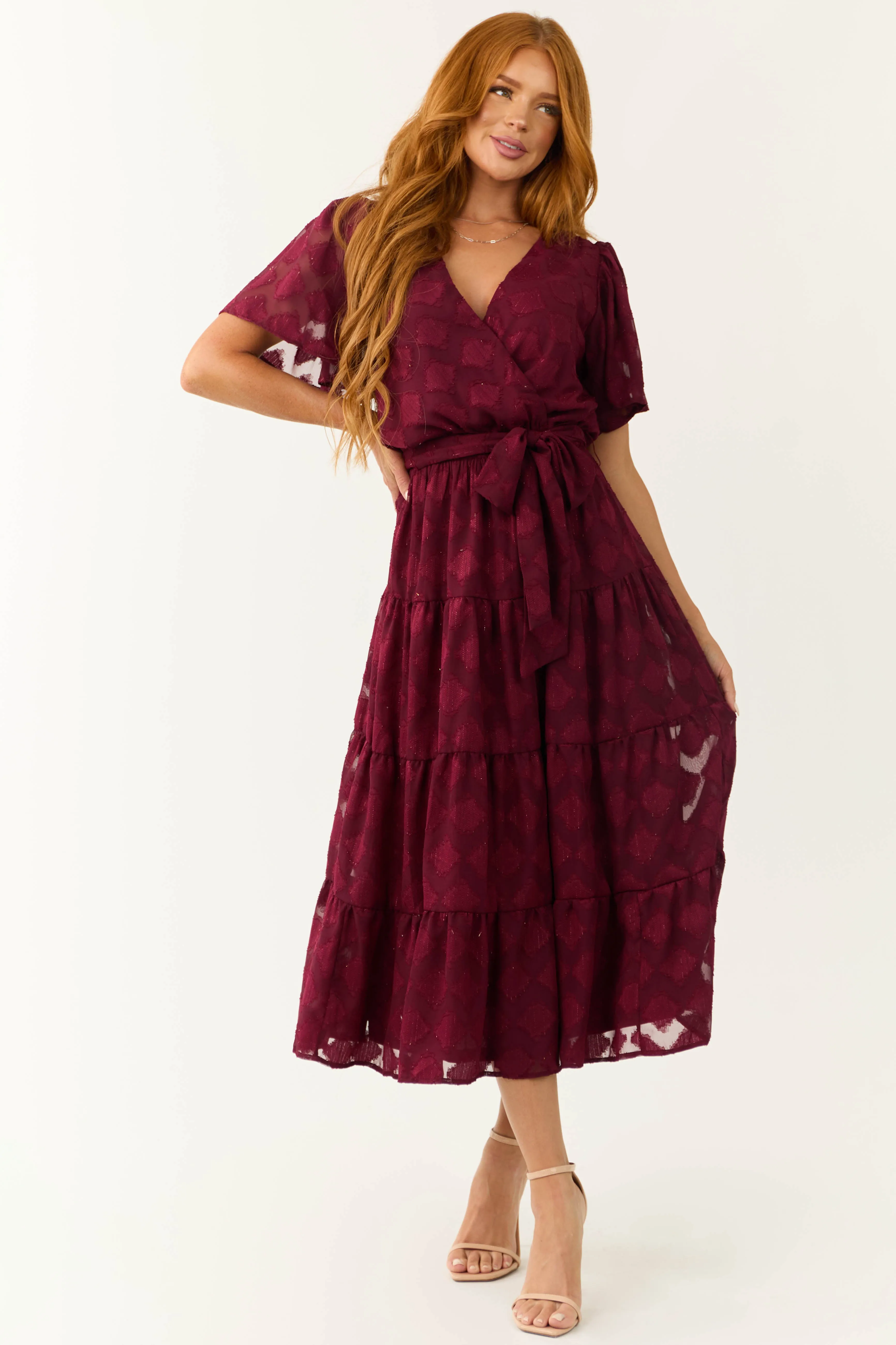 Flying Tomato Maroon Flutter Sleeve Textured Dress sold by Lime Lush product image thumbnail 3
