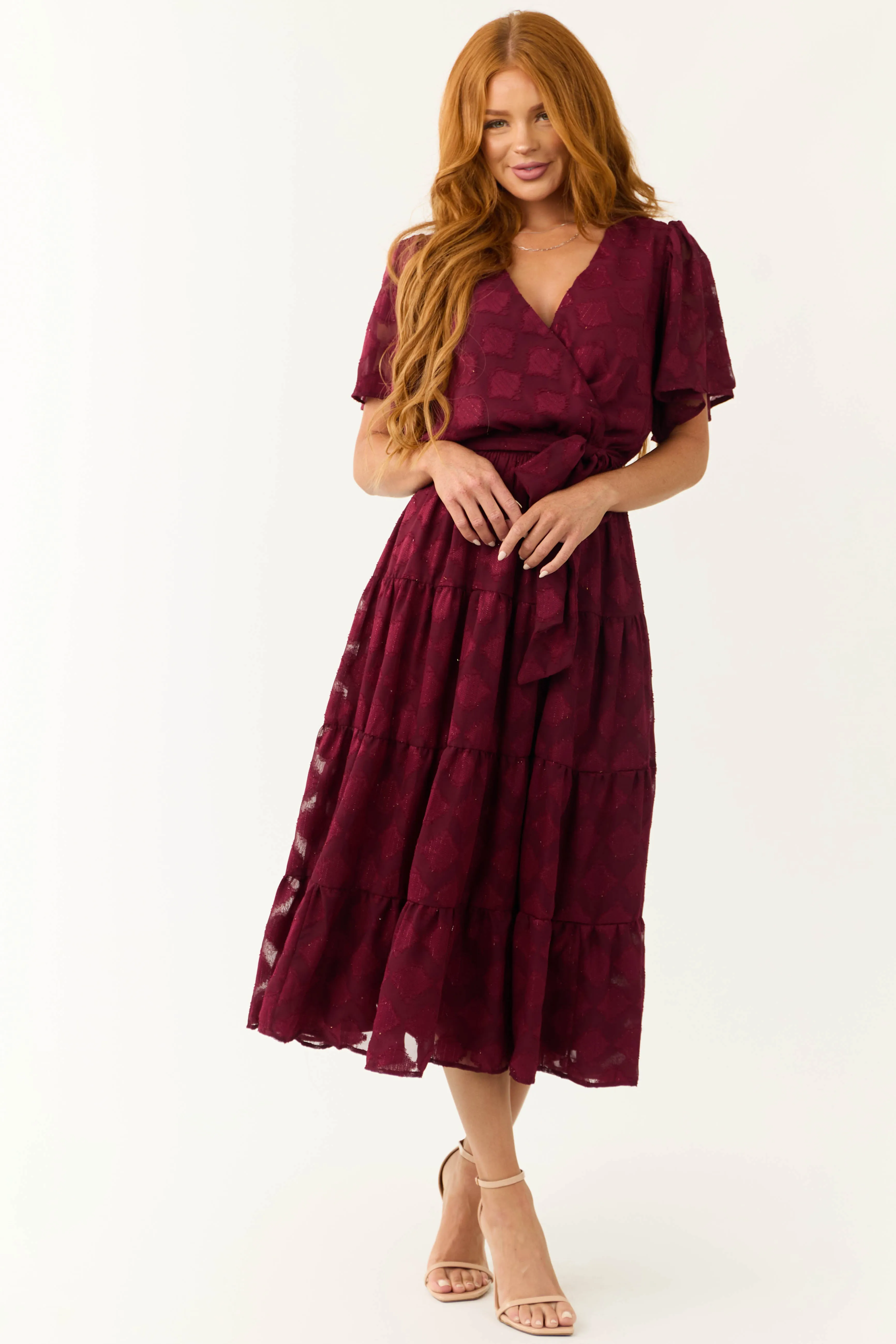 Flying Tomato Maroon Flutter Sleeve Textured Dress sold by Lime Lush product image thumbnail 2