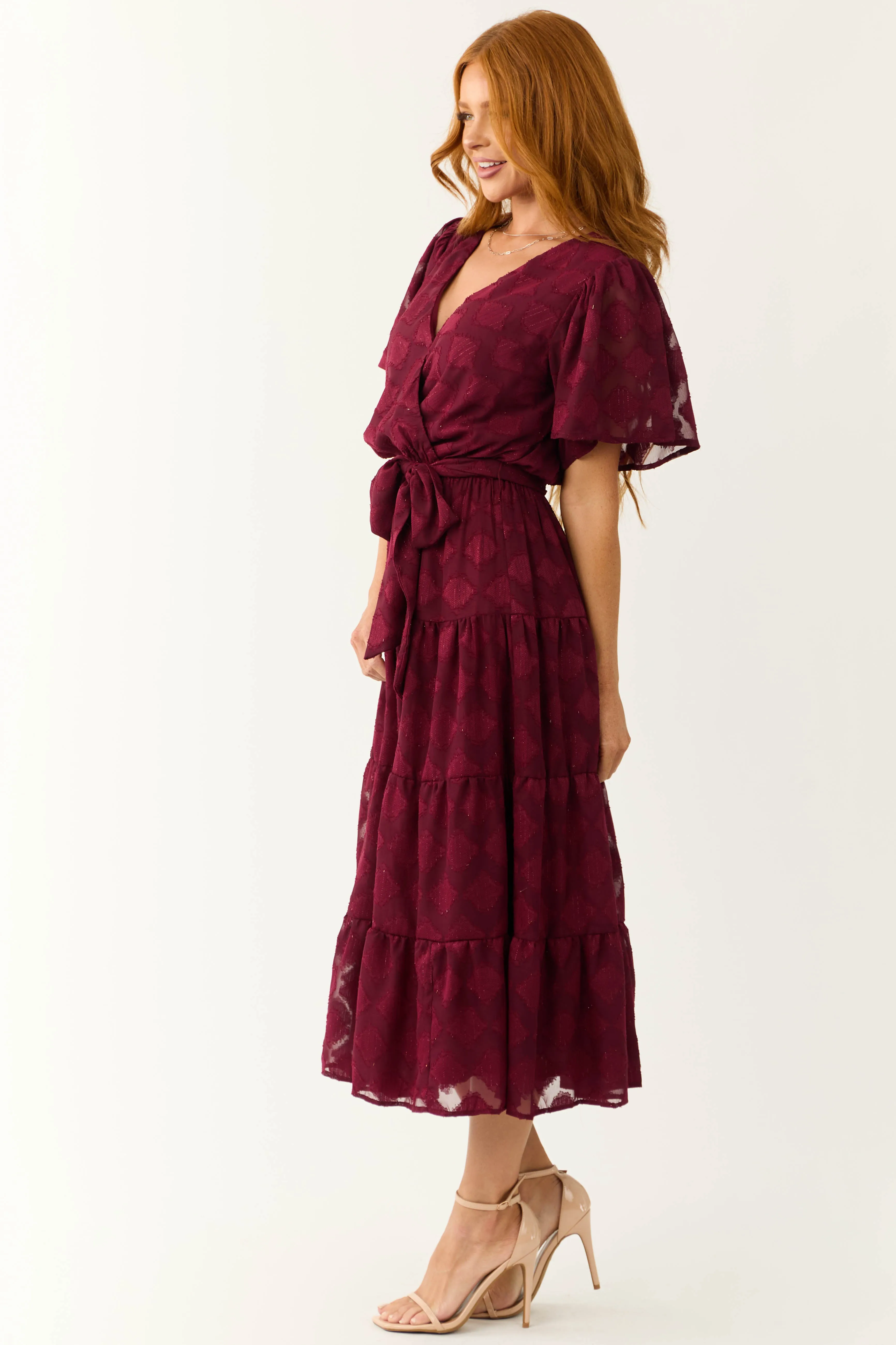 Flying Tomato Maroon Flutter Sleeve Textured Dress sold by Lime Lush product image thumbnail 4