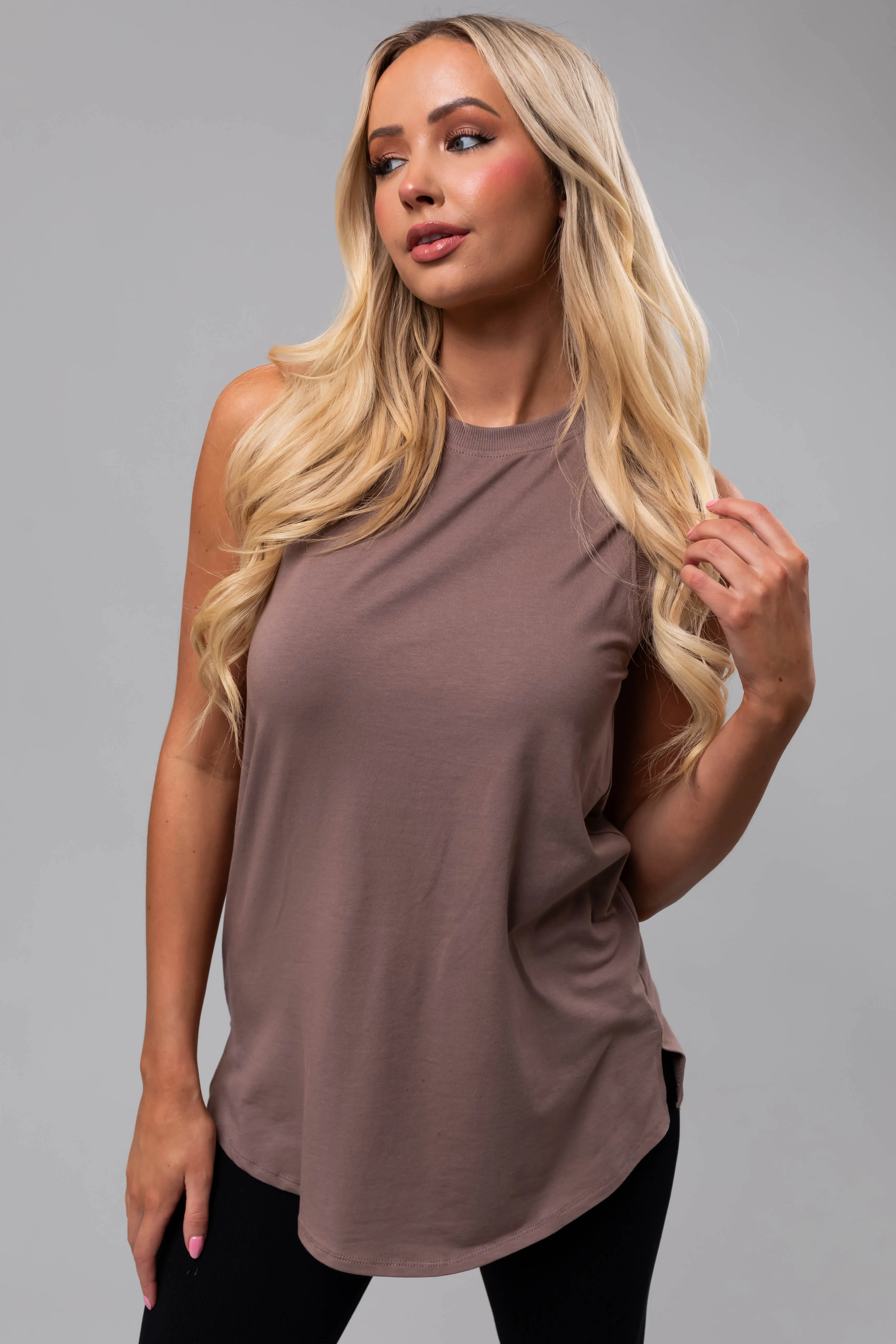 Mocha Crew Neck Flowy Knit Tank Top sold by Lime Lush