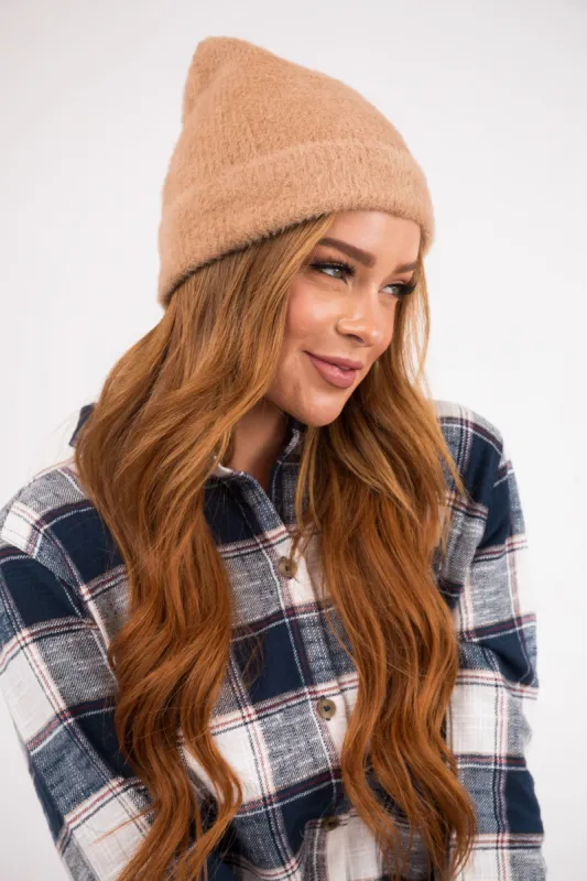 Camel Eyelash Faux Fur Ribbed Beanie sold by Lime Lush