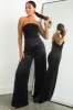 Black Strapless Button Bodice Satin Jumpsuit sold by Lime Lush