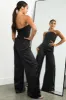 Black Strapless Button Bodice Satin Jumpsuit sold by Lime Lush