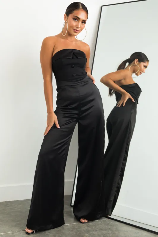 Black Strapless Button Bodice Satin Jumpsuit sold by Lime Lush