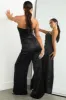 Black Strapless Button Bodice Satin Jumpsuit sold by Lime Lush