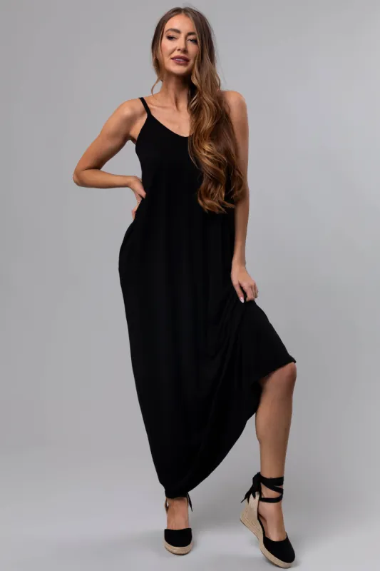 Black Sleeveless Knit Maxi Dress with Pockets sold by Lime Lush