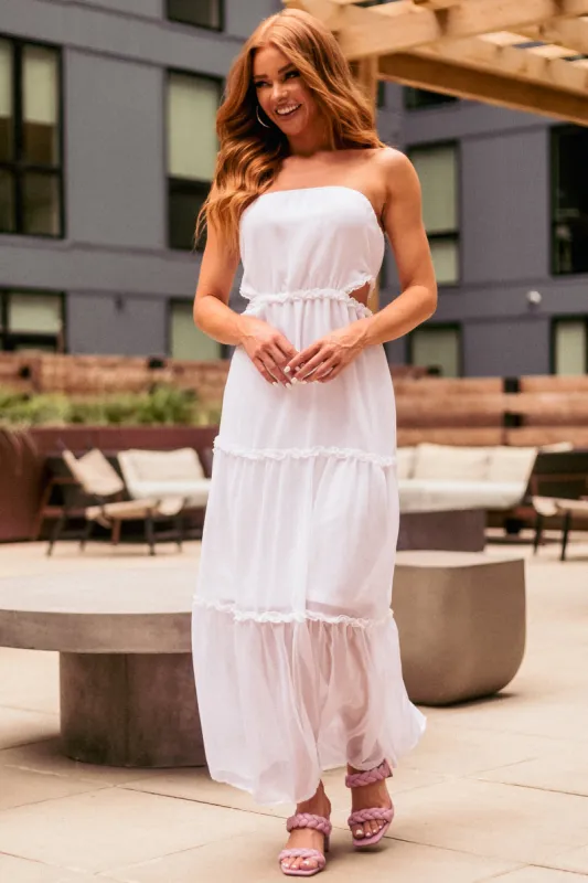She+Sky Off White Strapless Maxi Dress with Side Cut Outs sold by Lime Lush